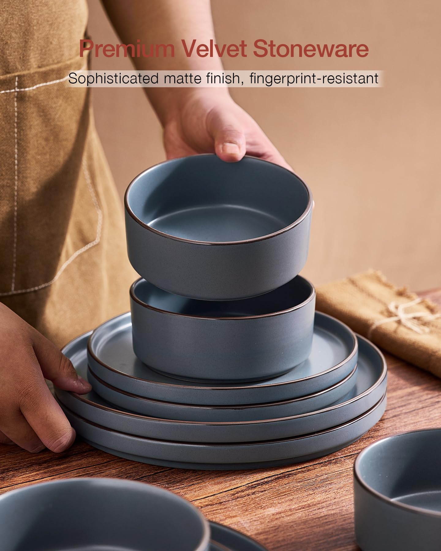 Famiware Nebula Ridge Stoneware Dinnerware Sets, Plates and Bowls Sets for 4, 12 Pieces Dishes Set, Microwave and Dishwasher Safe Kitchen Plates, Light Gray