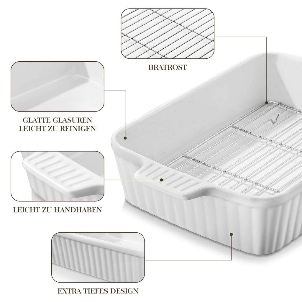 MALACASA 4.4 QT Baking Dish, 9x13 Large Casserole Dish for Oven, Ceramic Baking Pan, Rectangular Lasagna Pan Deep with Handles for Baking, Durable Microwave Oven Safe, Wedding Gift,White, Series BAKE-BAKE