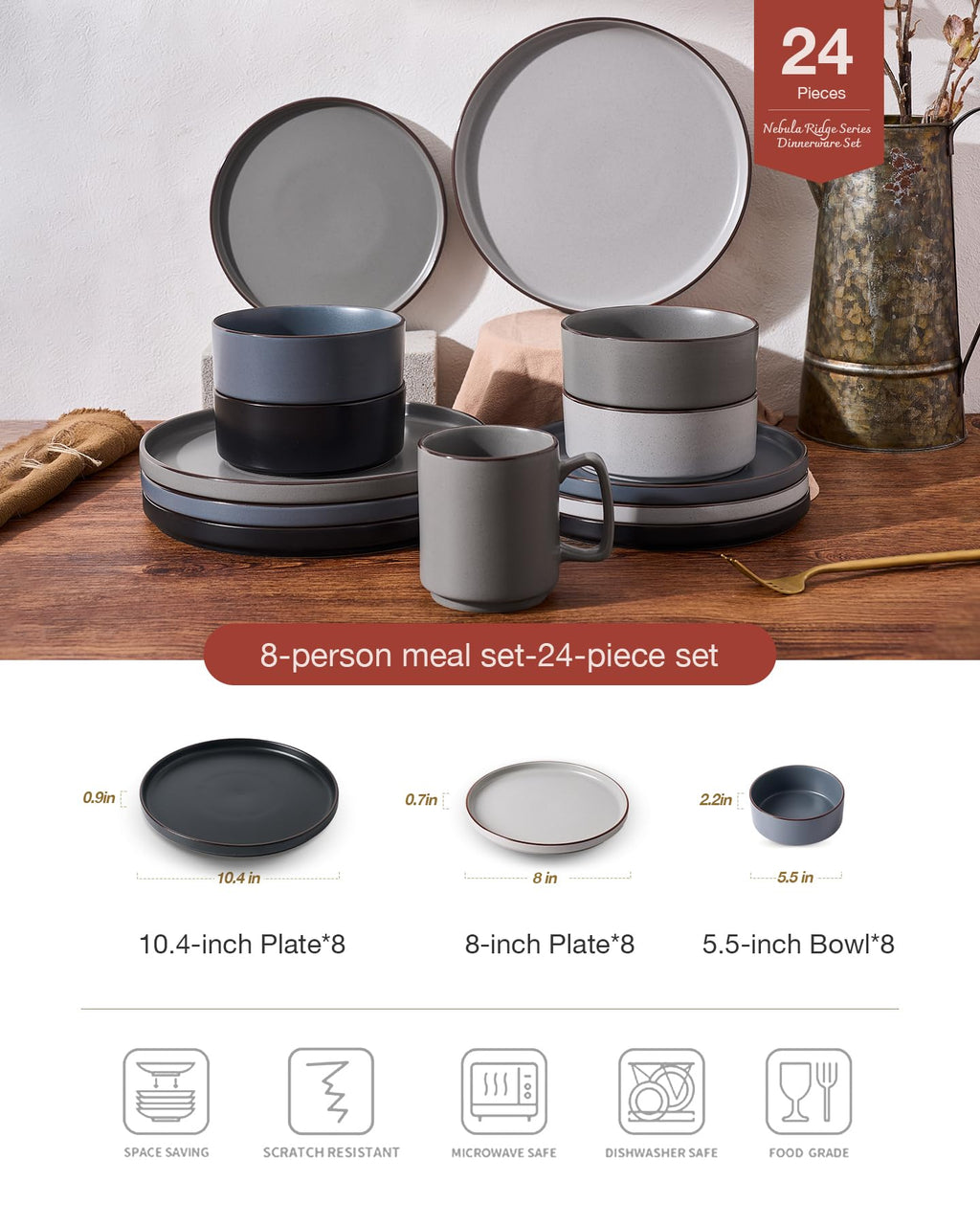 Famiware Nebula Ridge Stoneware Dinnerware Sets, Plates and Bowls Sets for 4, 12 Pieces Dishes Set, Microwave and Dishwasher Safe Kitchen Plates, Light Gray