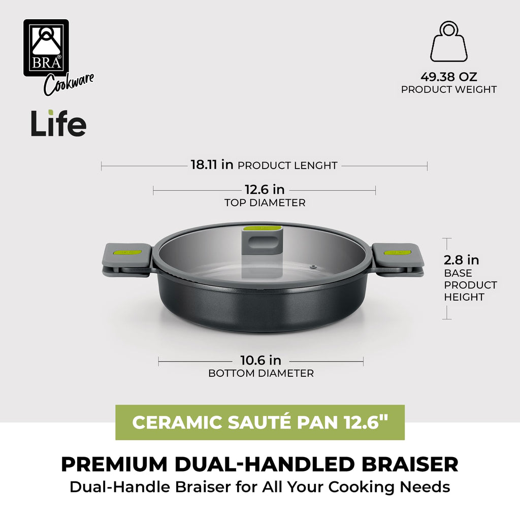 BRA COOKWARE Life Ceramic Nonstick Sauté Pan w/Glass Lid | 12.6 Inch 4.79 Quart Recycled Aluminum Deep Pan | Dual-Handle Braiser | Ceramic Non-Stick Coating | PFOA Free | All Cooktops & Oven Safe