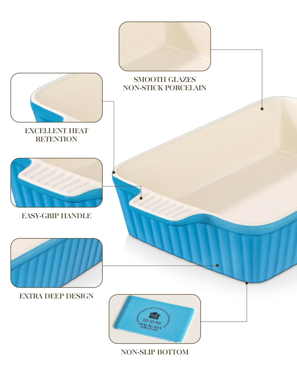 MALACASA 4.4 QT Baking Dish, 9x13 Large Casserole Dish for Oven, Ceramic Baking Pan, Rectangular Lasagna Pan Deep with Handles for Baking, Durable Microwave Oven Safe, Wedding Gift,White, Series BAKE-BAKE