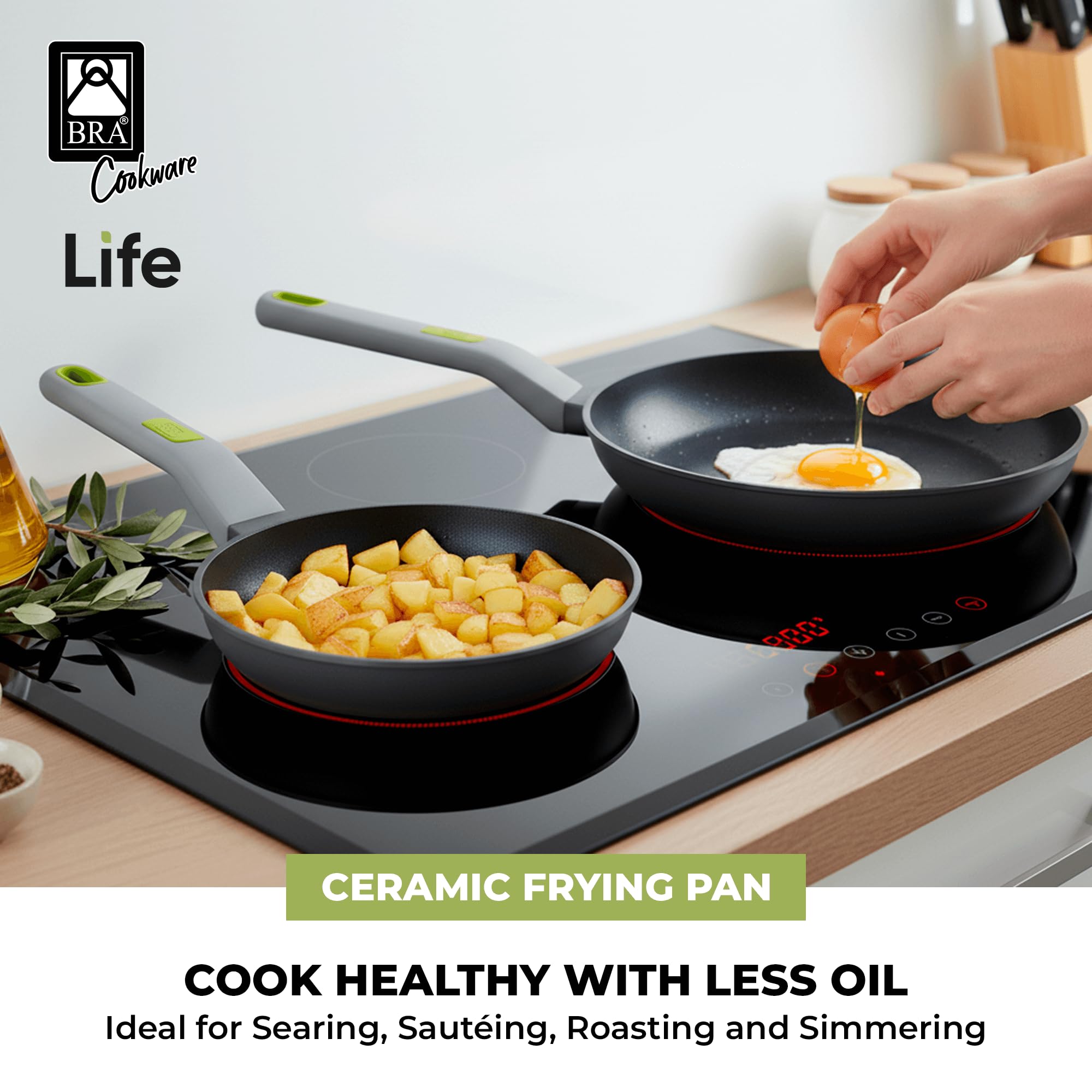 BRA COOKWARE Life Ceramic Nonstick Sauté Pan w/Glass Lid | 12.6 Inch 4.79 Quart Recycled Aluminum Deep Pan | Dual-Handle Braiser | Ceramic Non-Stick Coating | PFOA Free | All Cooktops & Oven Safe