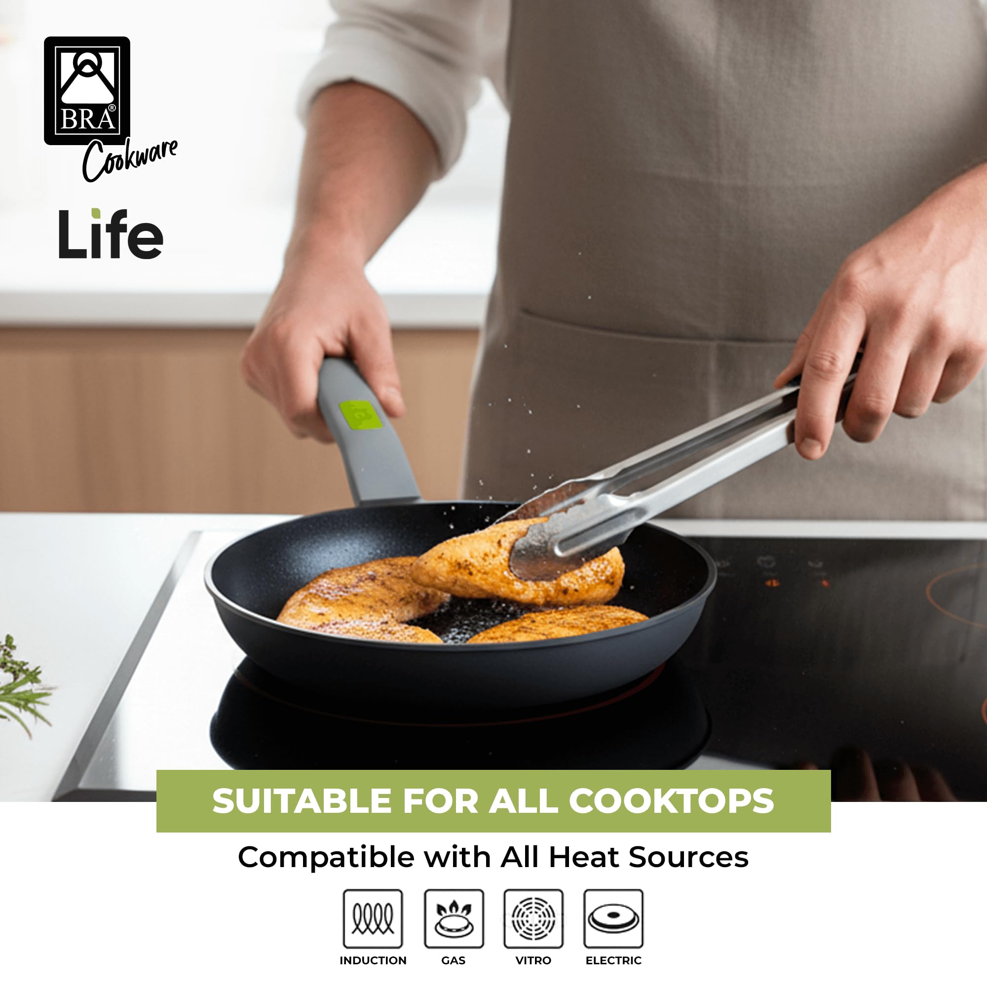 BRA COOKWARE Life Ceramic Nonstick Sauté Pan w/Glass Lid | 12.6 Inch 4.79 Quart Recycled Aluminum Deep Pan | Dual-Handle Braiser | Ceramic Non-Stick Coating | PFOA Free | All Cooktops & Oven Safe
