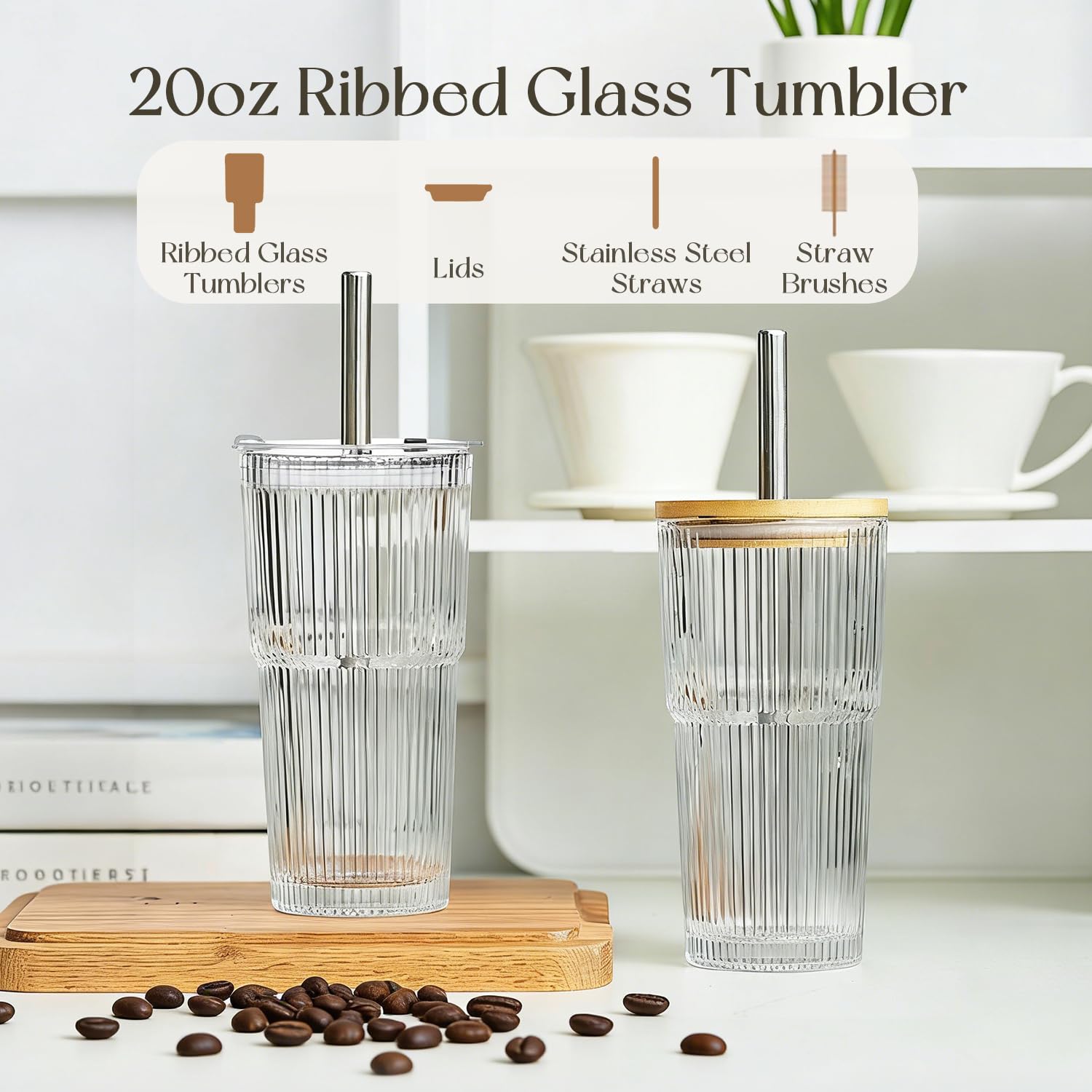 20oz Ribbed Glass Tumblers with 2 in 1 Lids & Extra-Wide 13mm Reusable Stainless Steel Straws, 2Pcs Leak-proof Vintage Drinking Glasses for Boba, Iced Coffee, Smoothies, Hot & Cold Drinks,Travel Cups