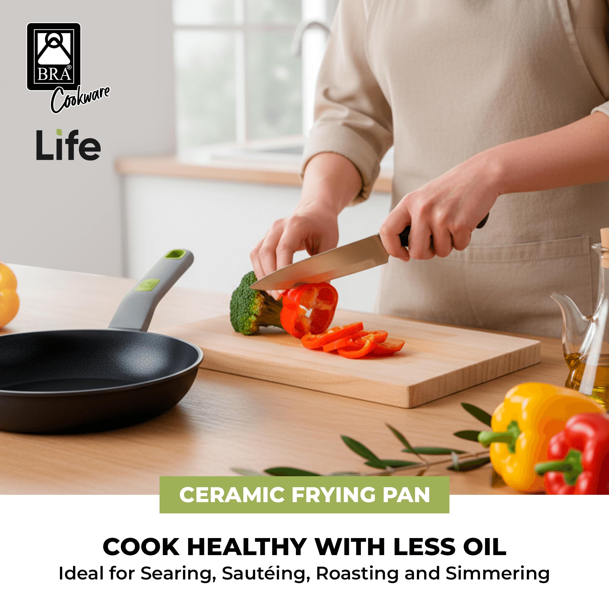 BRA COOKWARE Life Ceramic Nonstick Sauté Pan w/Glass Lid | 12.6 Inch 4.79 Quart Recycled Aluminum Deep Pan | Dual-Handle Braiser | Ceramic Non-Stick Coating | PFOA Free | All Cooktops & Oven Safe