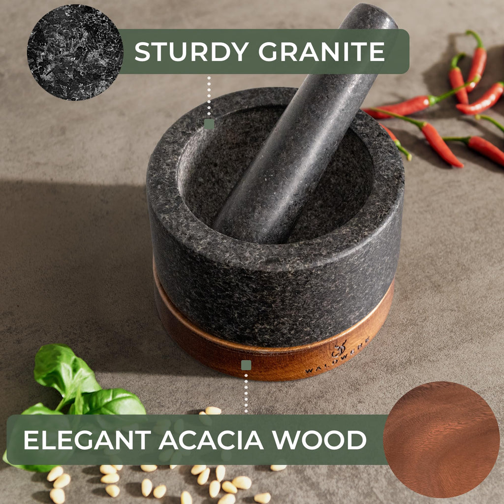 WALDWERK Mortar and Pestle - Mortar and Pestle Set with Anti-Scratch Oak Wood Base - Mortar with Extra Large Pestle Made of Natural Granite - Large Mortar and Pestle - Ideal for Guacamole