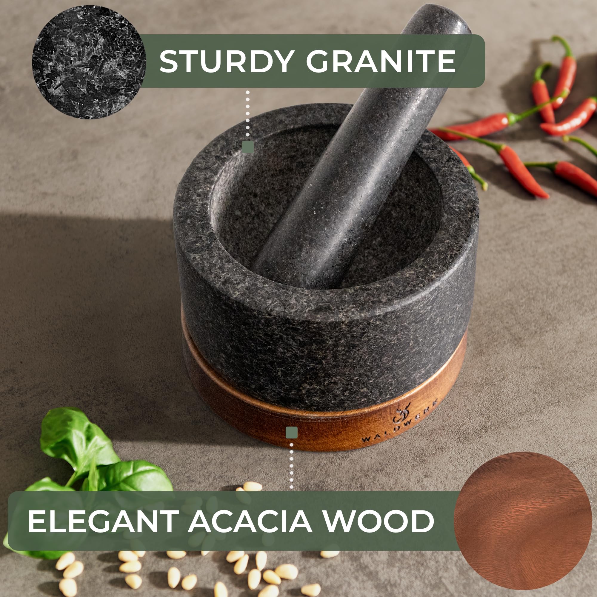 WALDWERK Mortar and Pestle - Mortar and Pestle Set with Anti-Scratch Oak Wood Base - Mortar with Extra Large Pestle Made of Natural Granite - Large Mortar and Pestle - Ideal for Guacamole