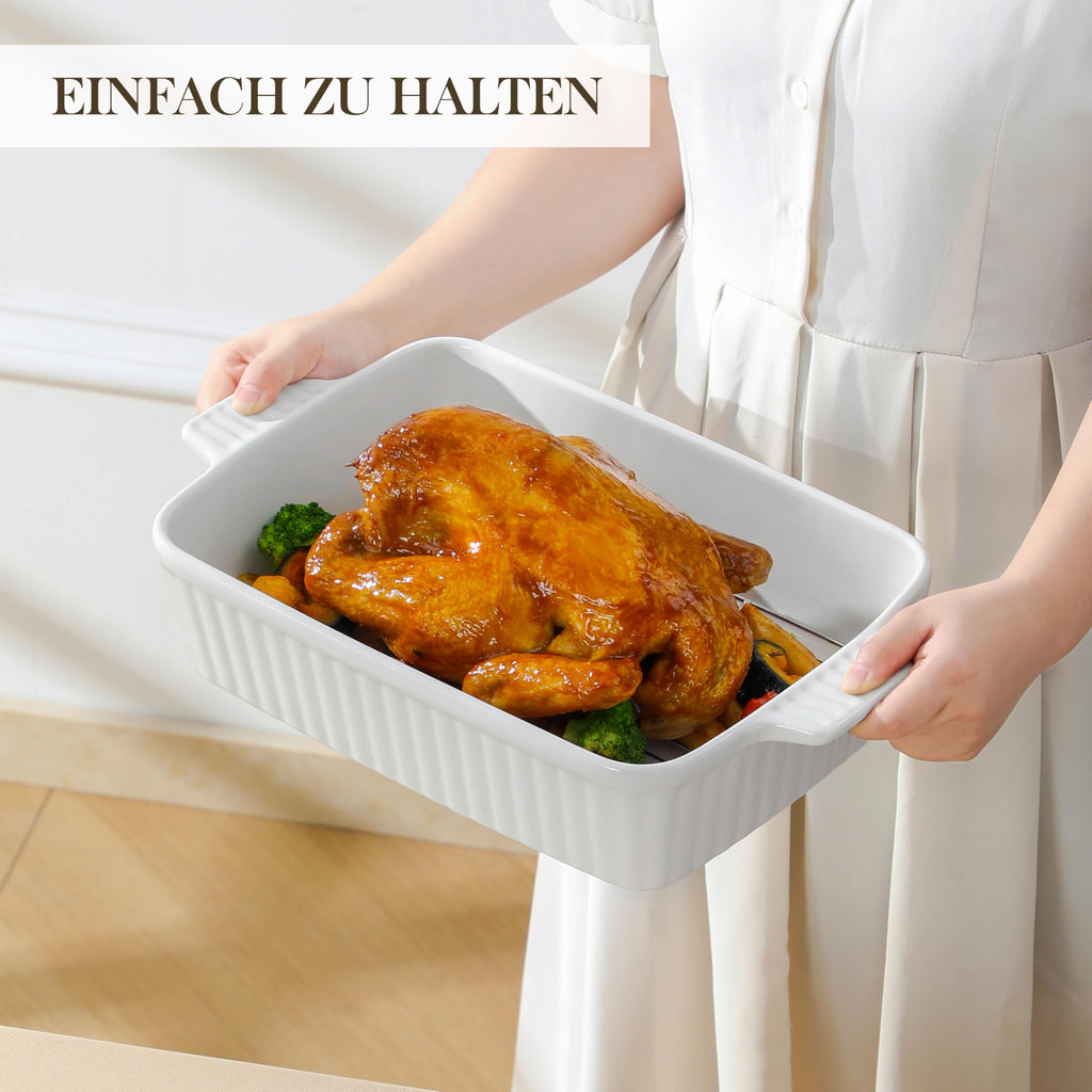 MALACASA 4.4 QT Baking Dish, 9x13 Large Casserole Dish for Oven, Ceramic Baking Pan, Rectangular Lasagna Pan Deep with Handles for Baking, Durable Microwave Oven Safe, Wedding Gift,White, Series BAKE-BAKE