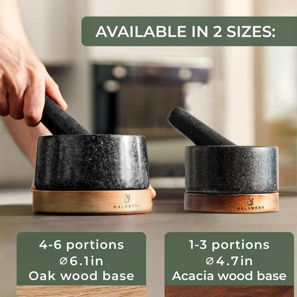 WALDWERK Mortar and Pestle - Mortar and Pestle Set with Anti-Scratch Oak Wood Base - Mortar with Extra Large Pestle Made of Natural Granite - Large Mortar and Pestle - Ideal for Guacamole