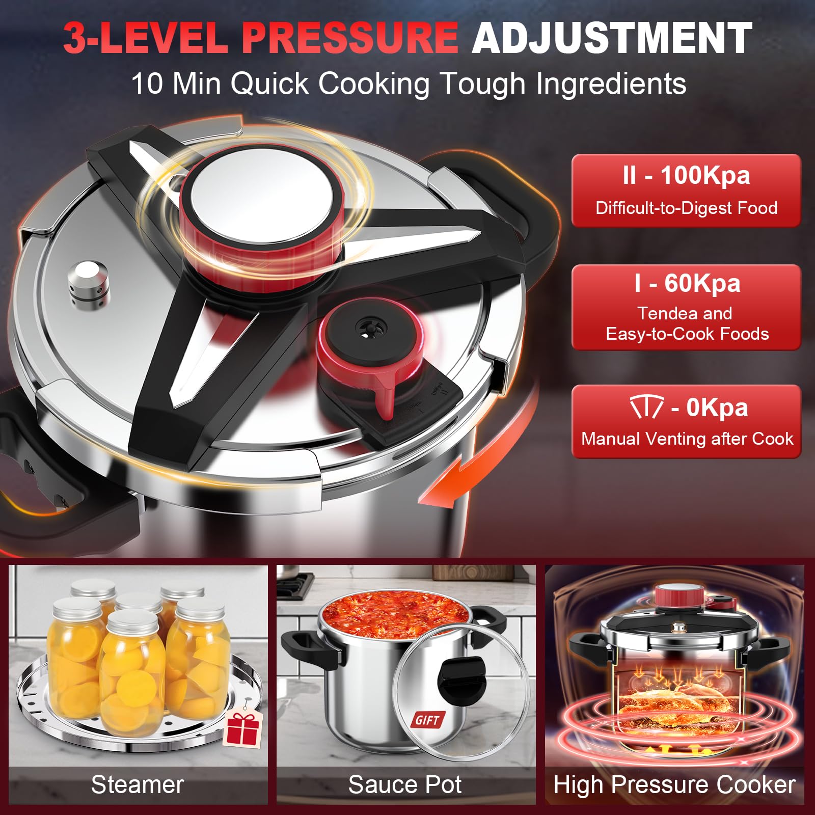 18/8 Stainless Steel Pressure Cooker 6 Quart, [One-Hand Locking] Olla de Presion, [3-In-1] Pressure Cooker, Includes Glass Lid & Steamer, Induction Compatible, Gas Stovetop Compatible