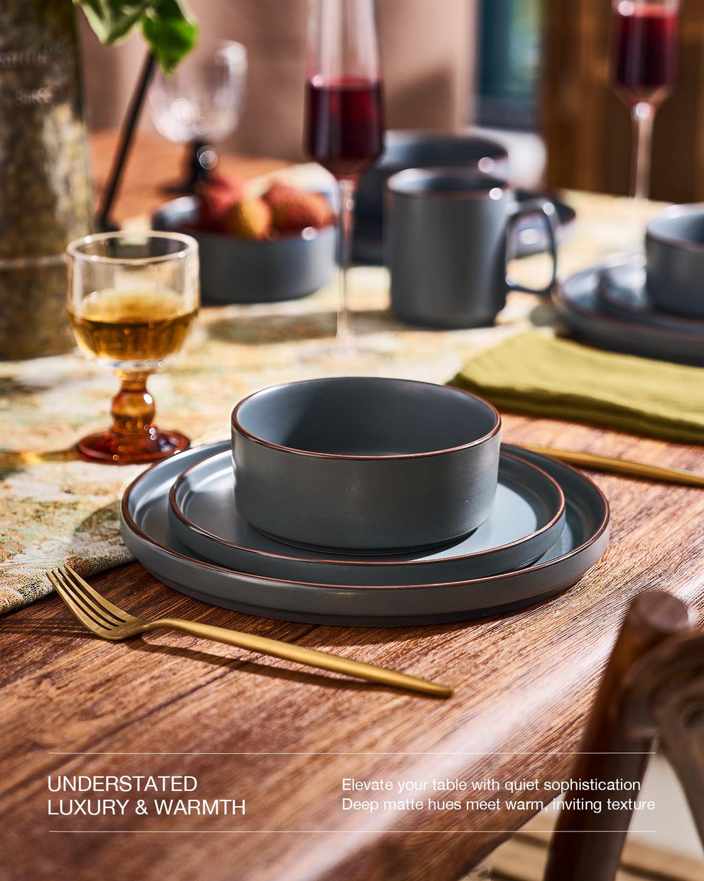 Famiware Nebula Ridge Stoneware Dinnerware Sets, Plates and Bowls Sets for 4, 12 Pieces Dishes Set, Microwave and Dishwasher Safe Kitchen Plates, Light Gray