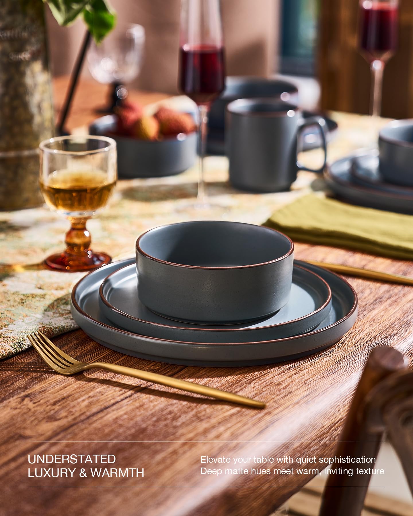 Famiware Nebula Ridge Stoneware Dinnerware Sets, Plates and Bowls Sets for 4, 12 Pieces Dishes Set, Microwave and Dishwasher Safe Kitchen Plates, Light Gray
