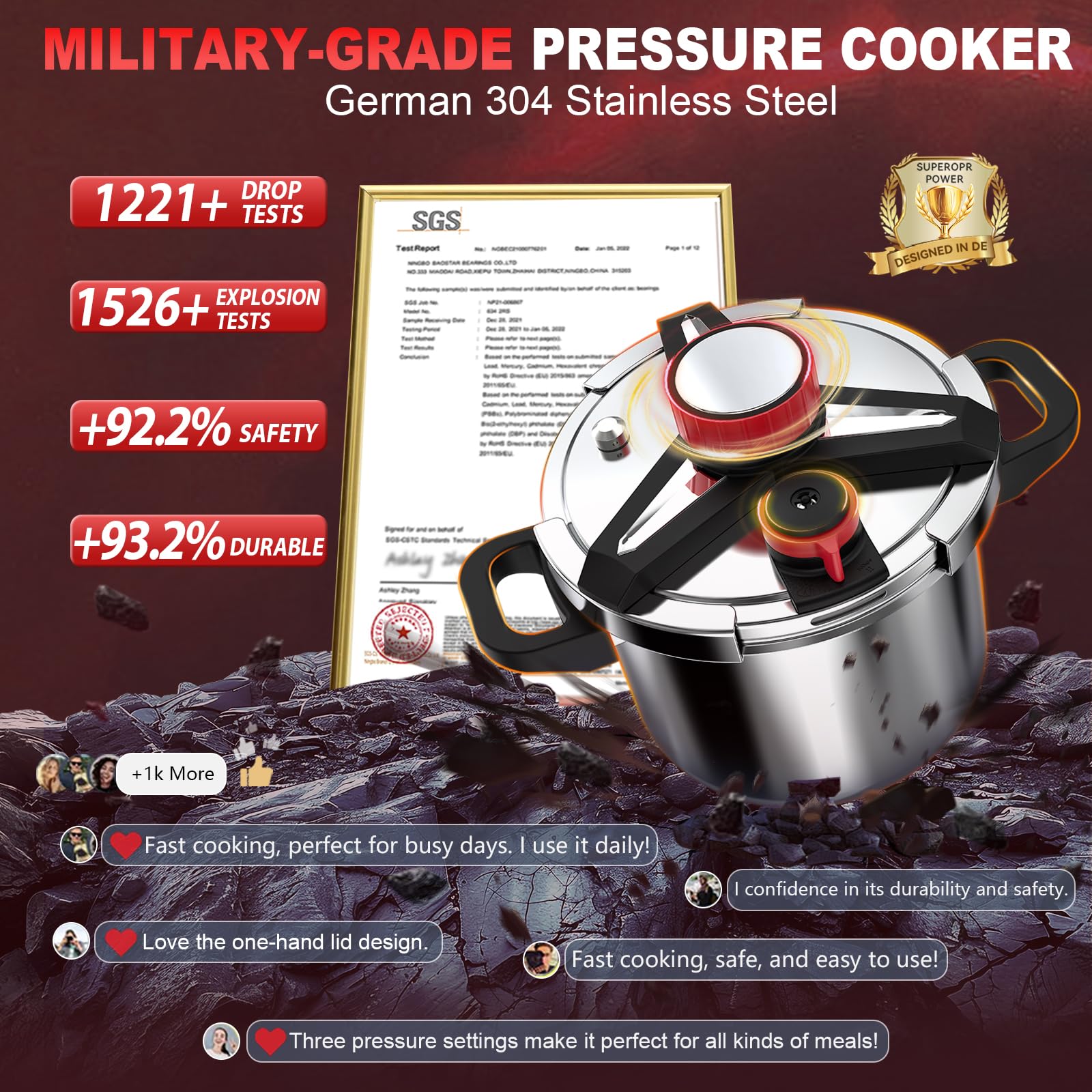 18/8 Stainless Steel Pressure Cooker 6 Quart, [One-Hand Locking] Olla de Presion, [3-In-1] Pressure Cooker, Includes Glass Lid & Steamer, Induction Compatible, Gas Stovetop Compatible