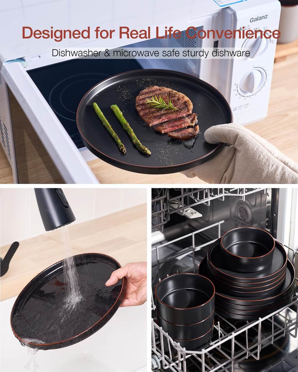 Famiware Nebula Ridge Stoneware Dinnerware Sets, Plates and Bowls Sets for 4, 12 Pieces Dishes Set, Microwave and Dishwasher Safe Kitchen Plates, Light Gray