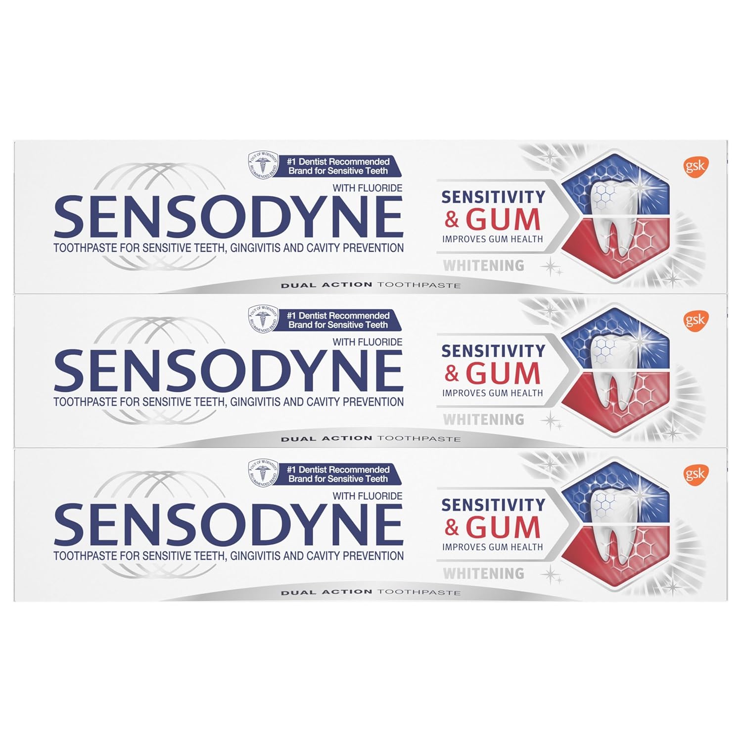 Sensodyne Sensitivity & Gum Whitening Toothpaste, Toothpaste for Sensitive Teeth & Gum Problems, 3.4 Ounces (Pack of 3)