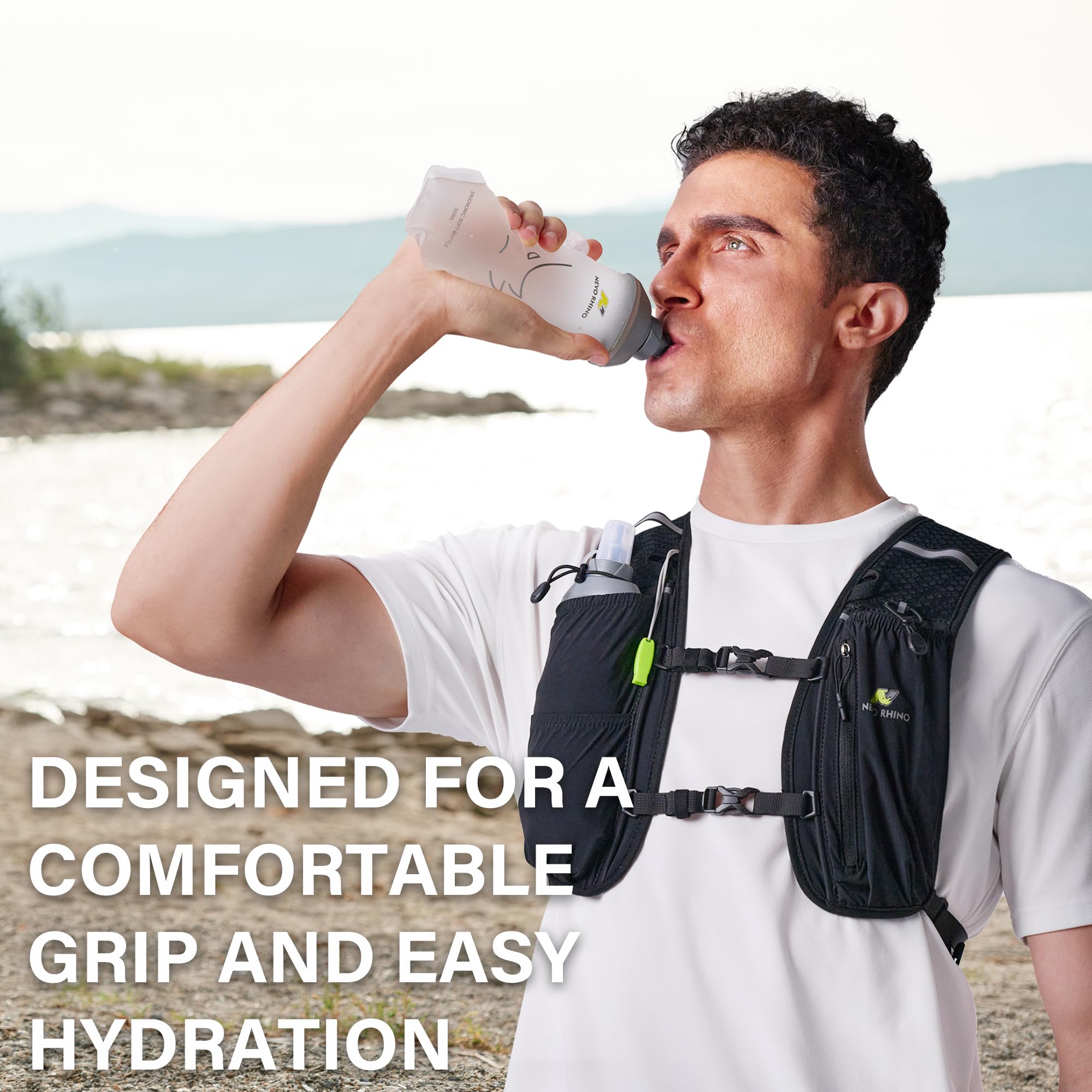 N NEVO RHINO 2PCS Soft Flask, 17oz/500ml TPU Running Water Bottle for Hydration Vests and Running Packs, Leak-proof BPA-Free Collapsible Water Bottles for Running, Hiking, Cycling, Climbing