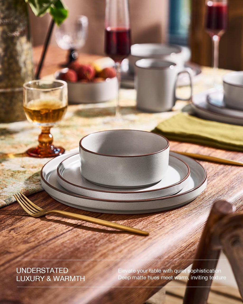 Famiware Nebula Ridge Stoneware Dinnerware Sets, Plates and Bowls Sets for 4, 12 Pieces Dishes Set, Microwave and Dishwasher Safe Kitchen Plates, Light Gray