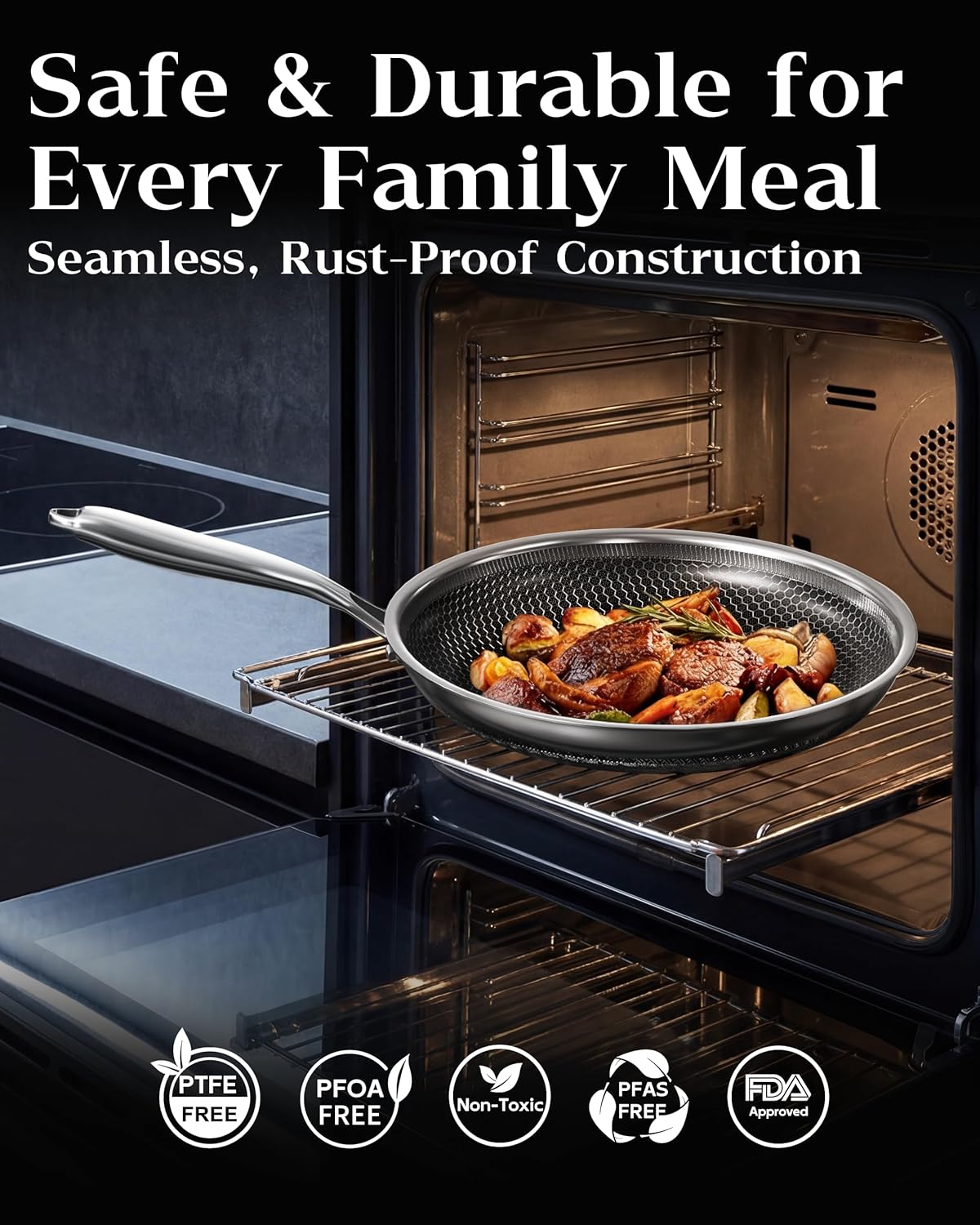 Honeycomb Stainless Steel Nonstick Frying Pan with Lid 10 Inch, Induction Cooktop Compatible Skillet, PFOA-Free Scratch-Proof, Dishwasher & Oven Safe, Stay-Cool Handle, Silver Kitchen Cookware