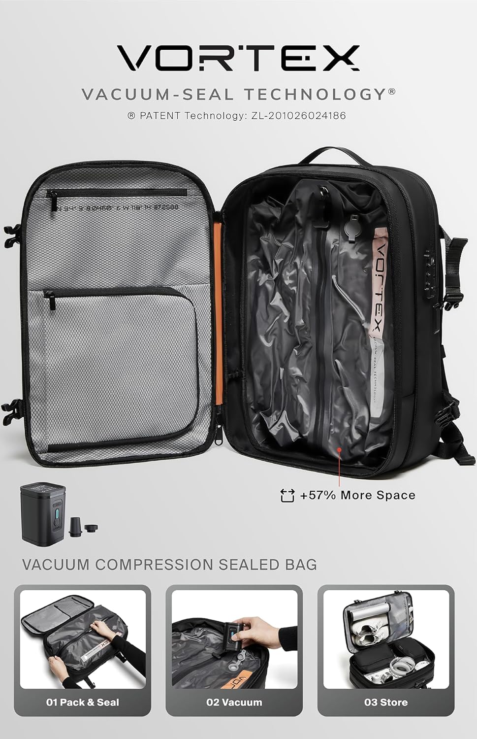 BlackVoyage Vortex Vacuum Seal Travel Backpack 60L Expandable Air Compression System Water Resistant TSA Lock Carry-On Suitcase Luggage White AERO - Vacuum Pump Included