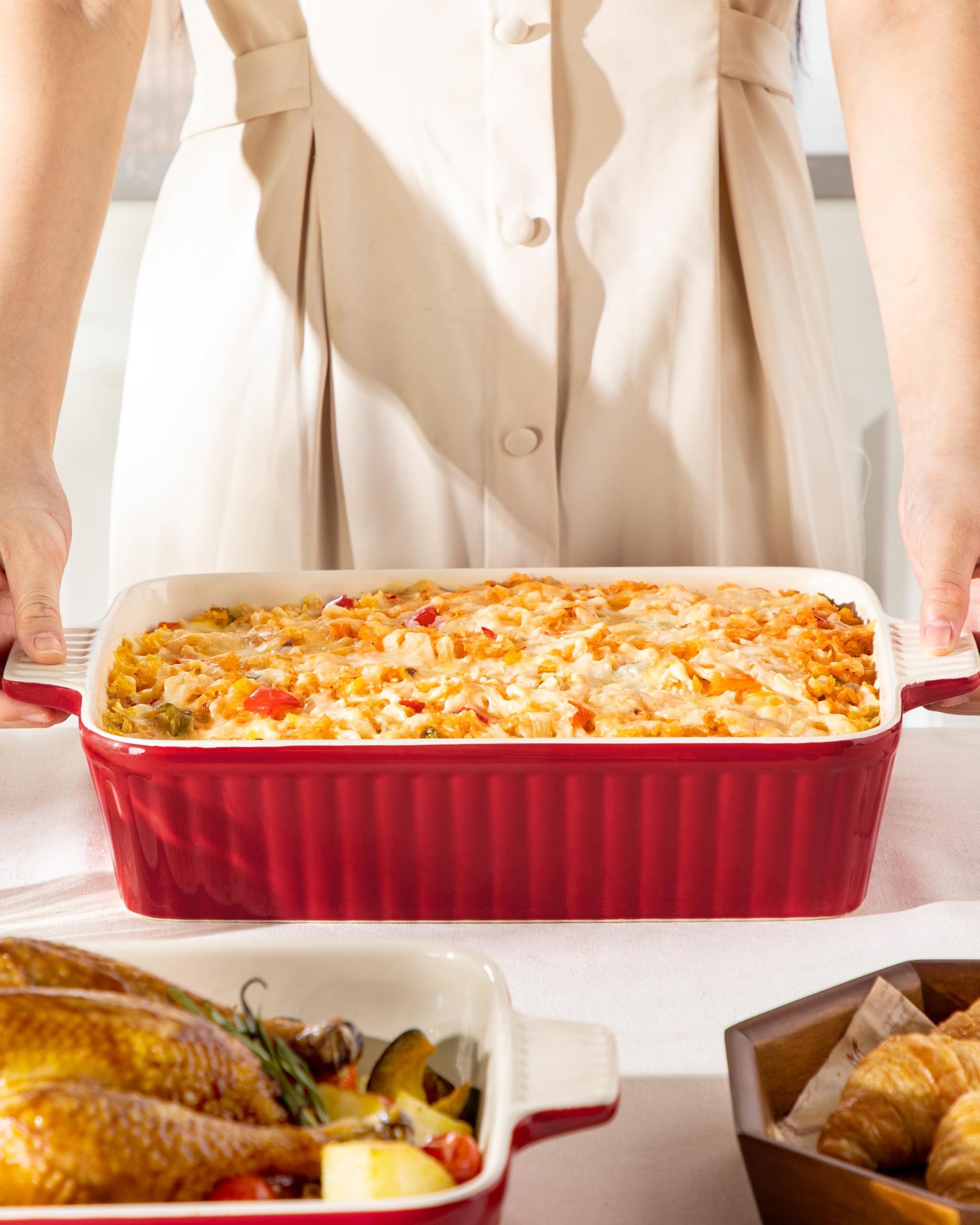 MALACASA 4.4 QT Baking Dish, 9x13 Large Casserole Dish for Oven, Ceramic Baking Pan, Rectangular Lasagna Pan Deep with Handles for Baking, Durable Microwave Oven Safe, Wedding Gift,White, Series BAKE-BAKE