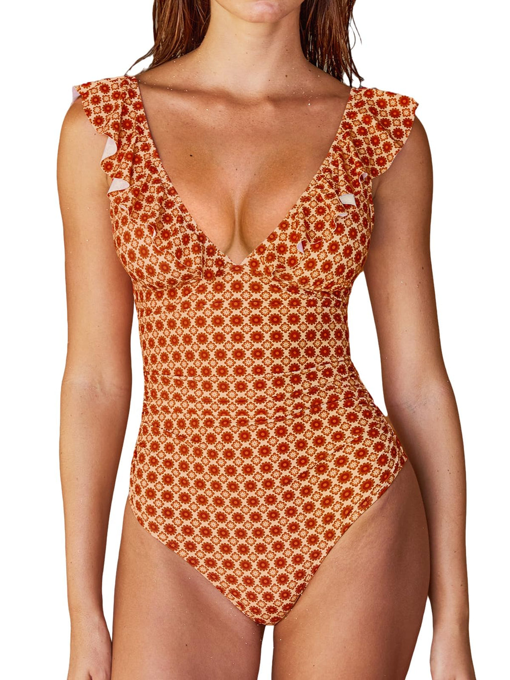 CUPSHE Women's Ruffled One Piece Swimsuit V Neck Lace Up