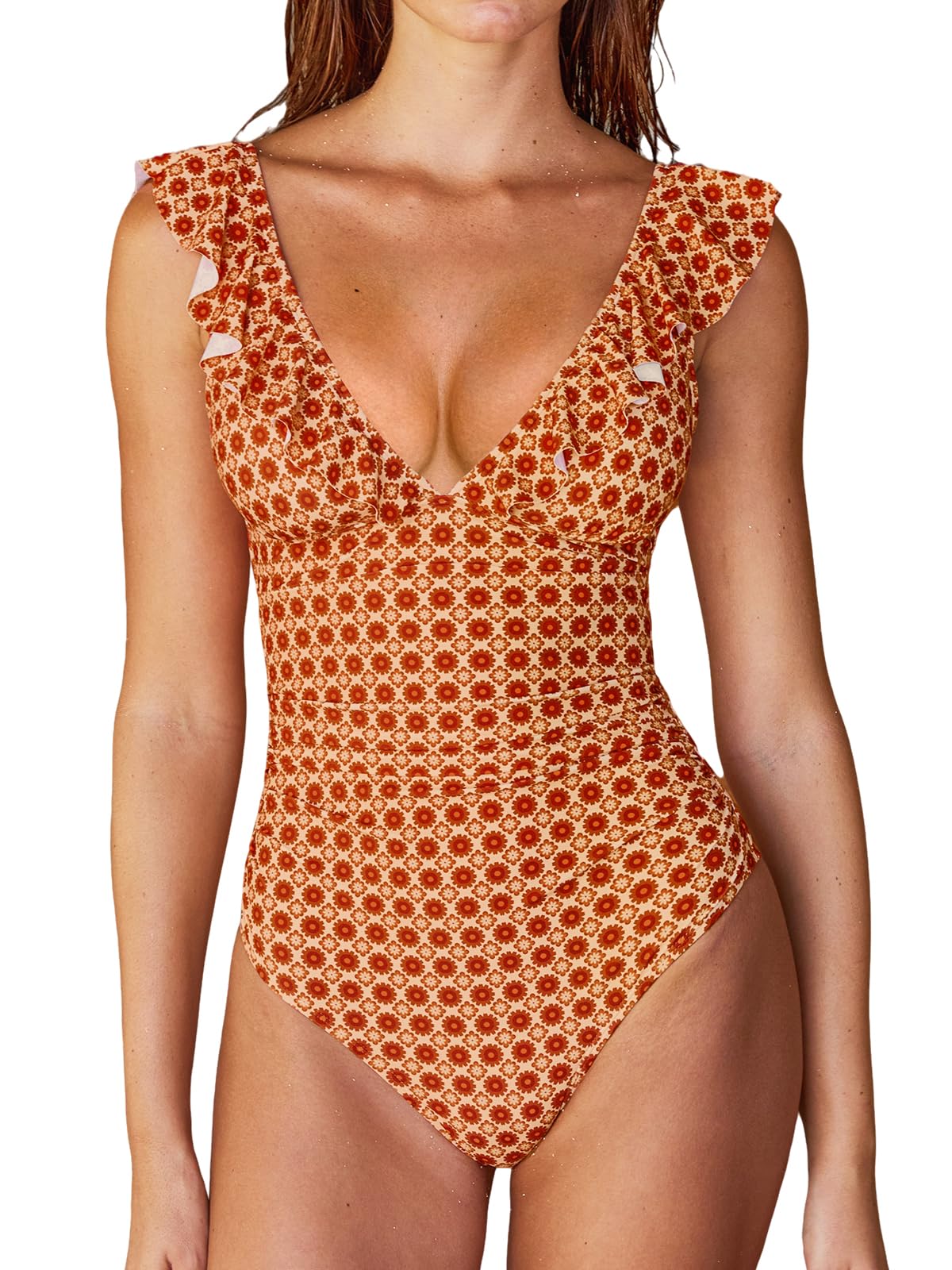 CUPSHE Women's Ruffled One Piece Swimsuit V Neck Lace Up