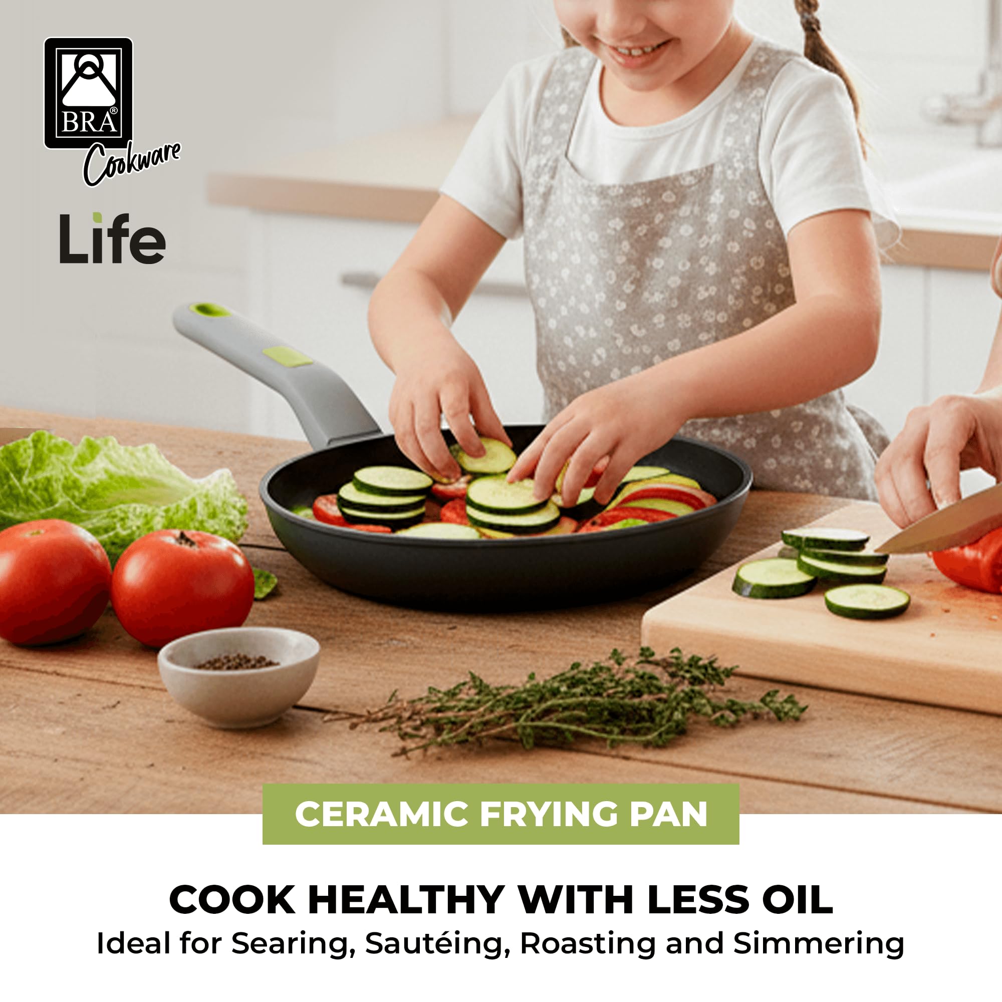 BRA COOKWARE Life Ceramic Nonstick Sauté Pan w/Glass Lid | 12.6 Inch 4.79 Quart Recycled Aluminum Deep Pan | Dual-Handle Braiser | Ceramic Non-Stick Coating | PFOA Free | All Cooktops & Oven Safe