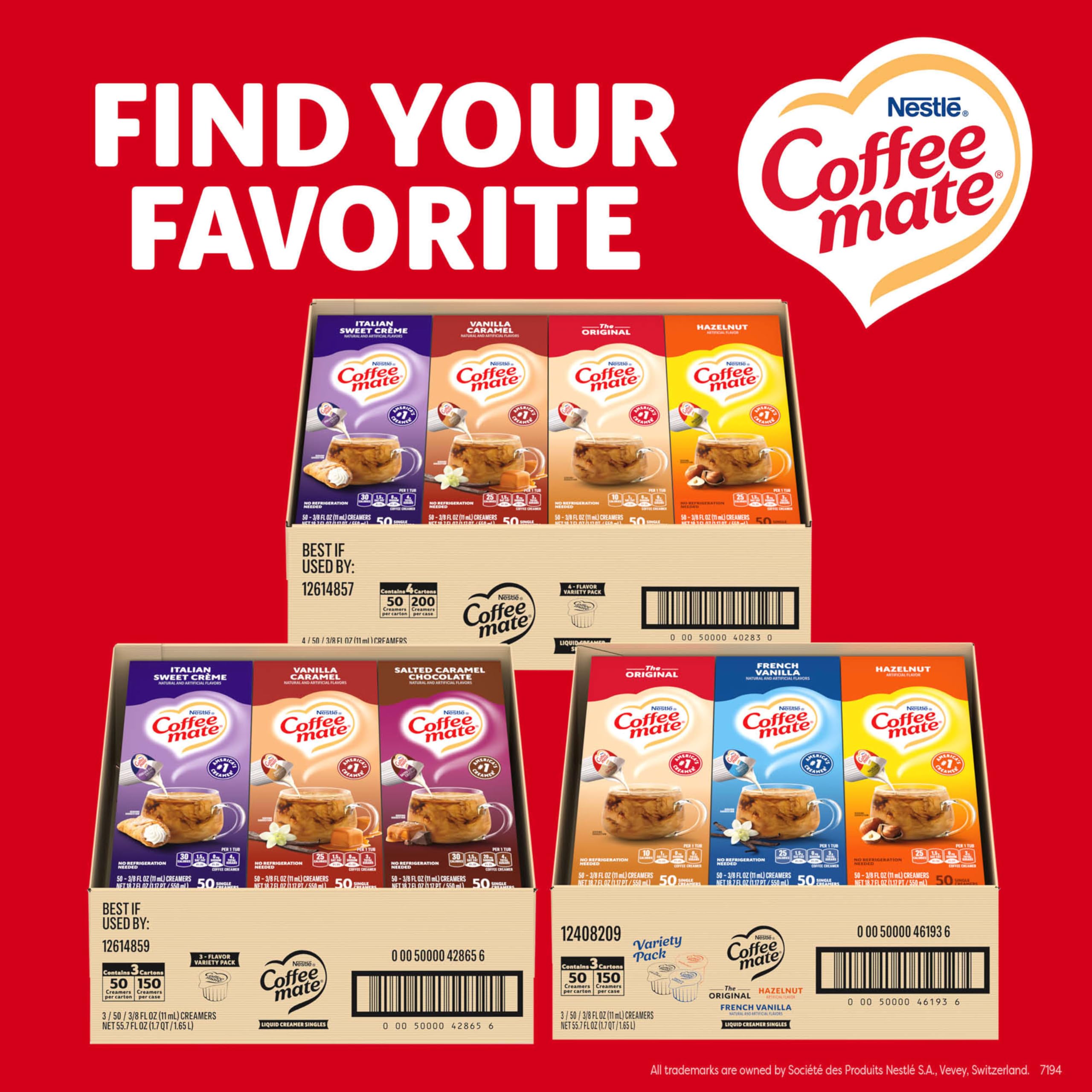 Nestle Coffee mate Creamer Singles Variety Pack, Original, French Vanilla, Hazelnut, Non Dairy, No Refrigeration, 150 Count (Pack of 3)
