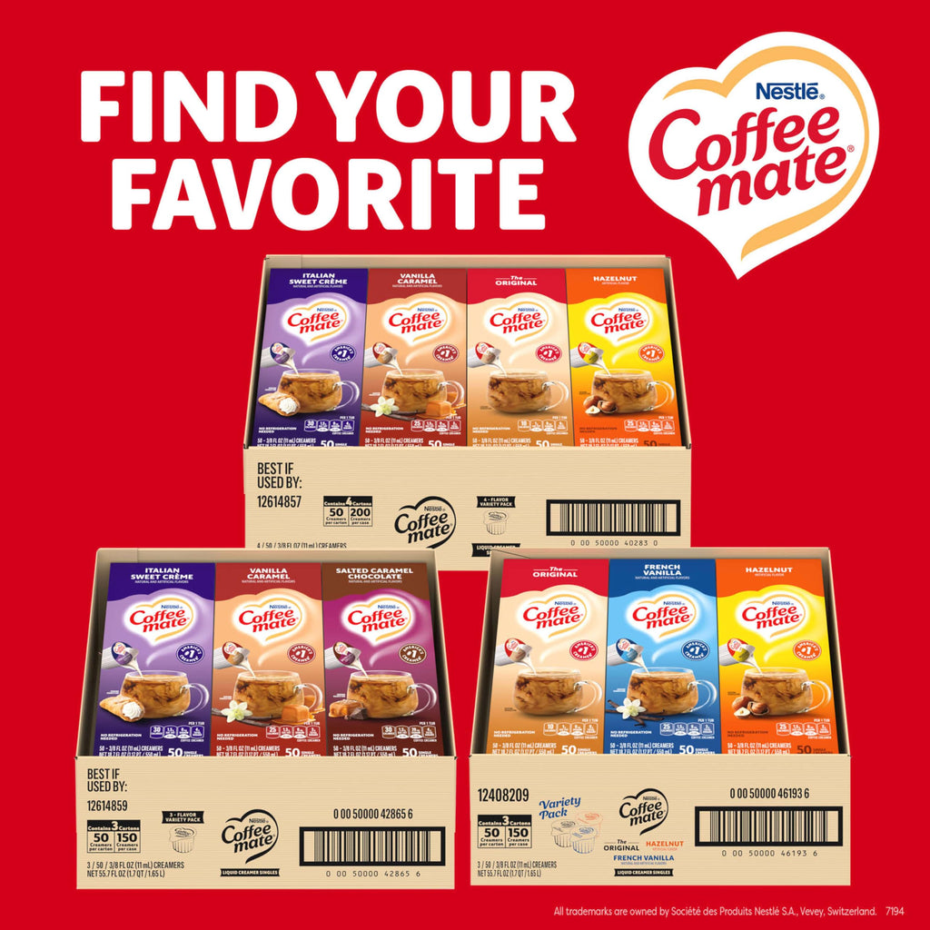 Nestle Coffee mate Creamer Singles Variety Pack, Original, French Vanilla, Hazelnut, Non Dairy, No Refrigeration, 150 Count (Pack of 3)