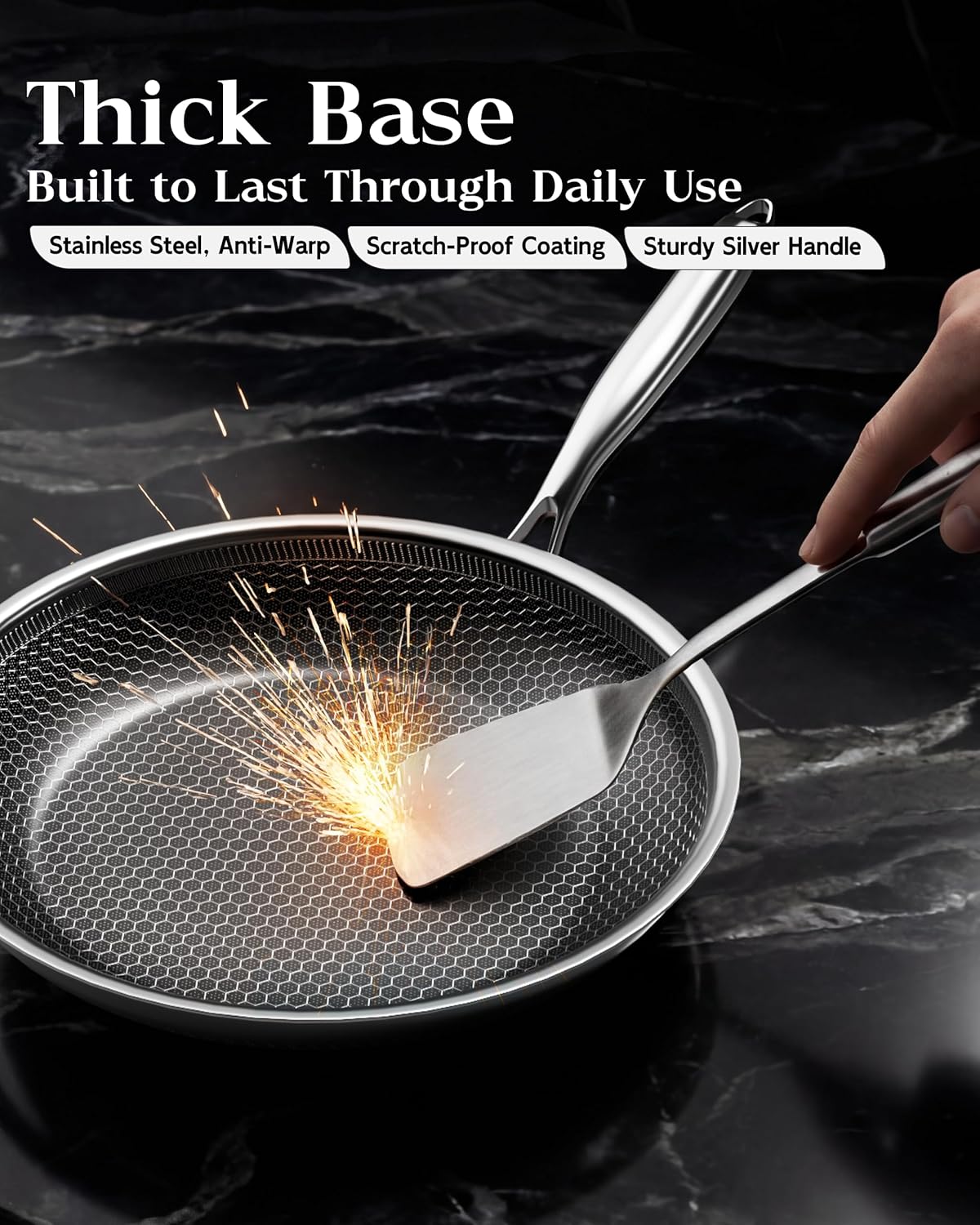Honeycomb Stainless Steel Nonstick Frying Pan with Lid 10 Inch, Induction Cooktop Compatible Skillet, PFOA-Free Scratch-Proof, Dishwasher & Oven Safe, Stay-Cool Handle, Silver Kitchen Cookware