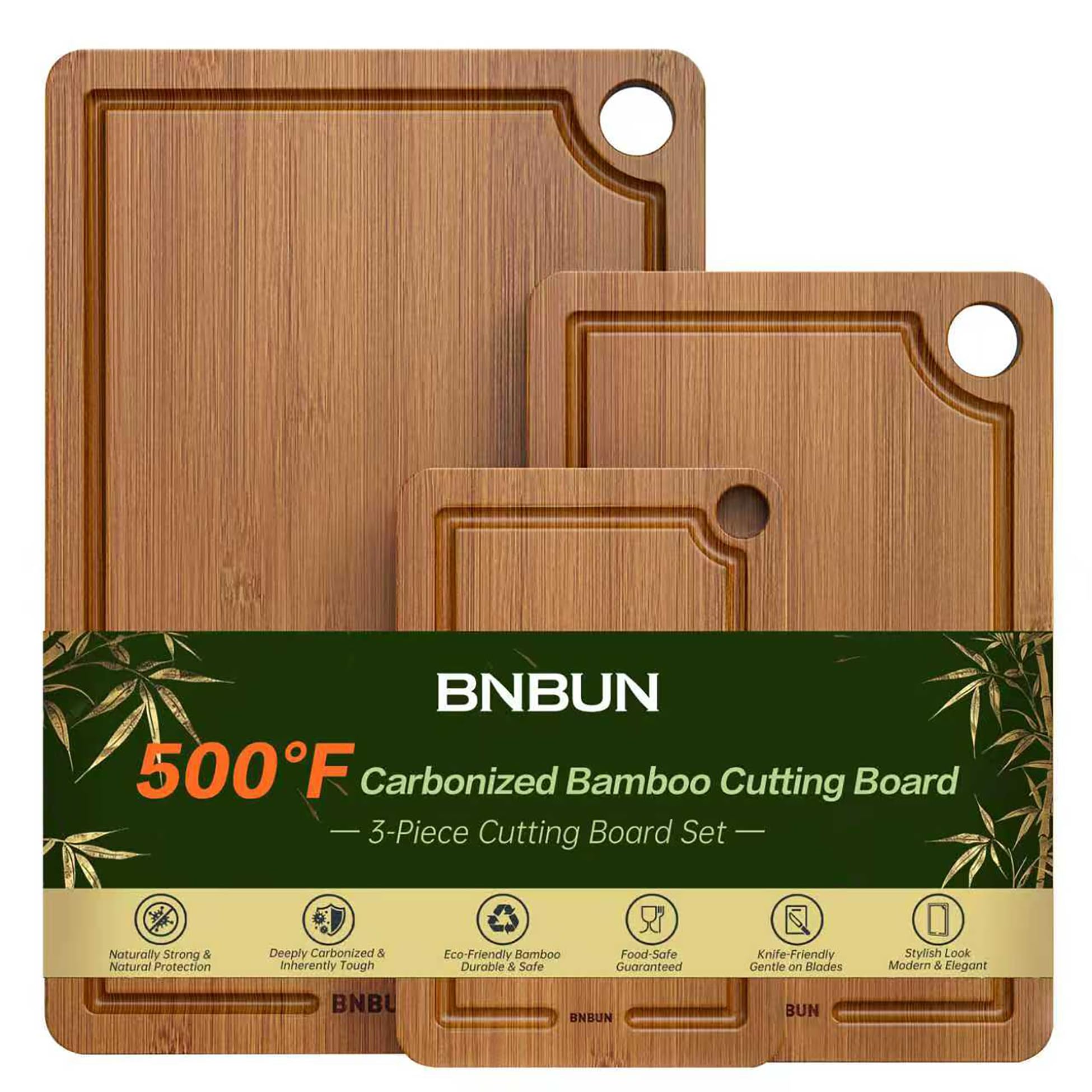 Bamboo Cutting Board for Kitchen – 3-Piece Wooden Boards with Juice Grooves, Side Handles, Non-Slip Mats – Perfect for Meat, Veggies Fruit,Cutting Board & Knife Sets – Ideal Kitchen Gift