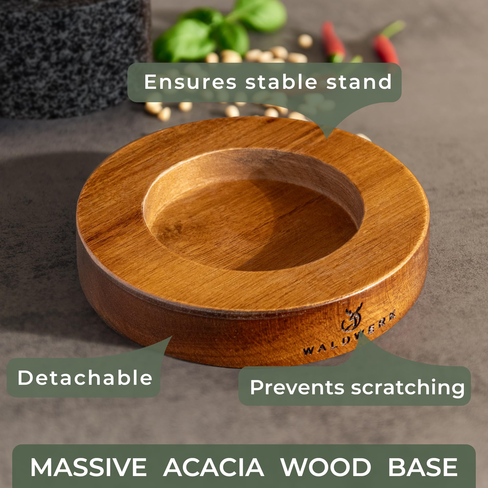 WALDWERK Mortar and Pestle - Mortar and Pestle Set with Anti-Scratch Oak Wood Base - Mortar with Extra Large Pestle Made of Natural Granite - Large Mortar and Pestle - Ideal for Guacamole