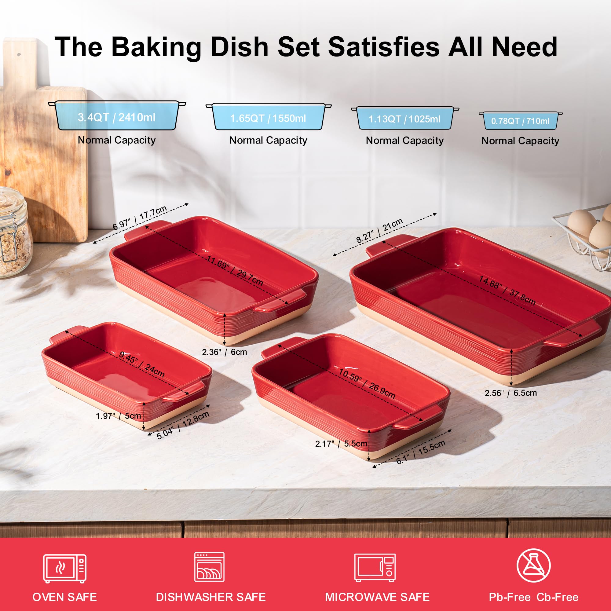 Casserole Dishes for Oven, Baking Dishes, Ceramic Bakeware Sets of 4, Rectangular Baking Pan Set with Handles for Baking, Casserole, Kitchen, Wedding Gift,White