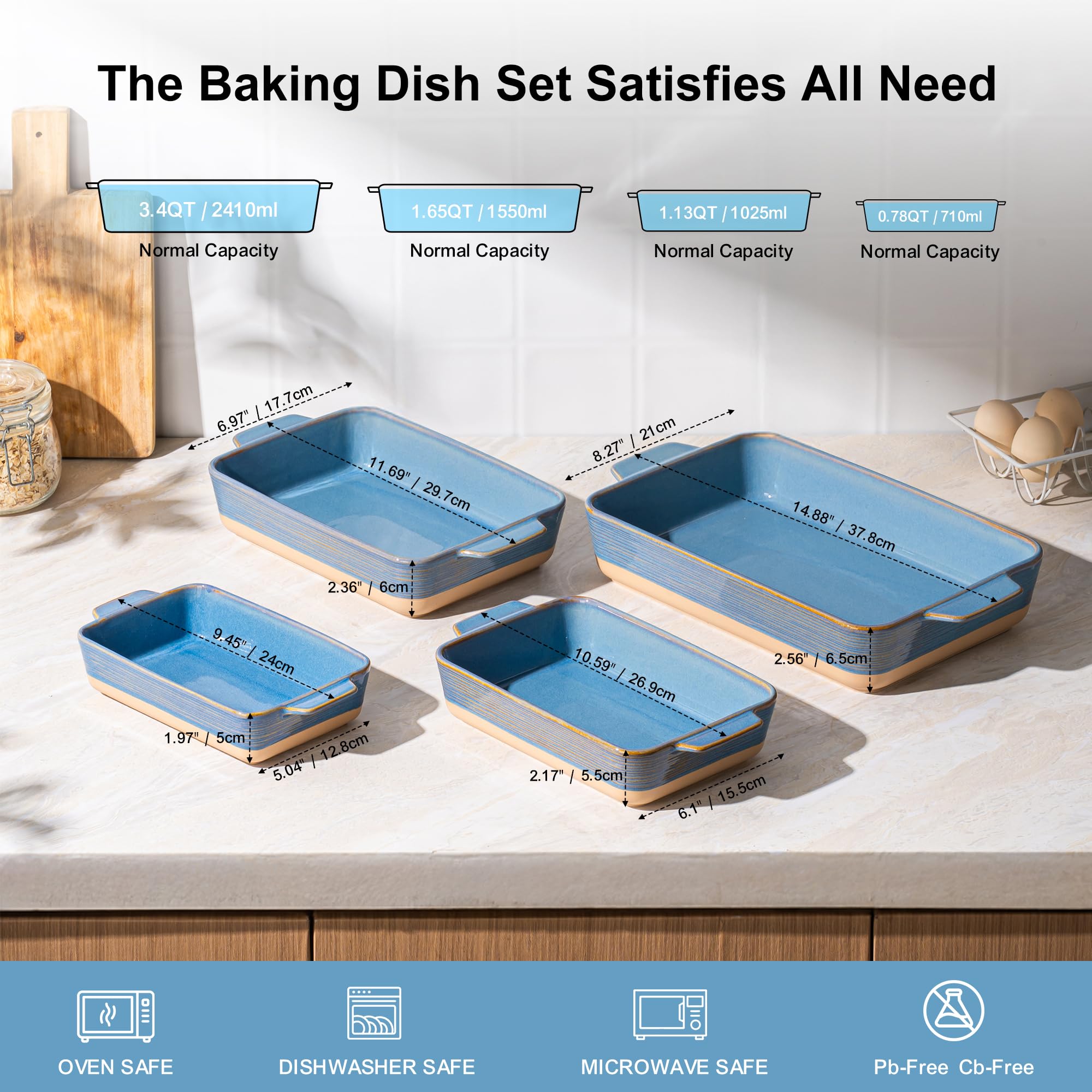 Casserole Dishes for Oven, Baking Dishes, Ceramic Bakeware Sets of 4, Rectangular Baking Pan Set with Handles for Baking, Casserole, Kitchen, Wedding Gift,White
