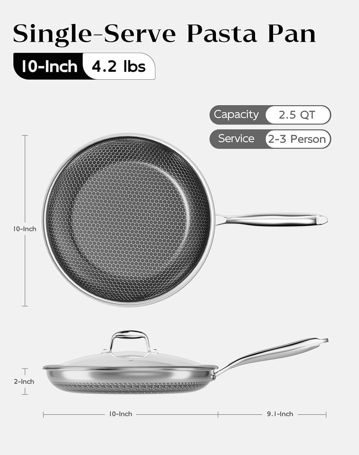 Honeycomb Stainless Steel Nonstick Frying Pan with Lid 10 Inch, Induction Cooktop Compatible Skillet, PFOA-Free Scratch-Proof, Dishwasher & Oven Safe, Stay-Cool Handle, Silver Kitchen Cookware