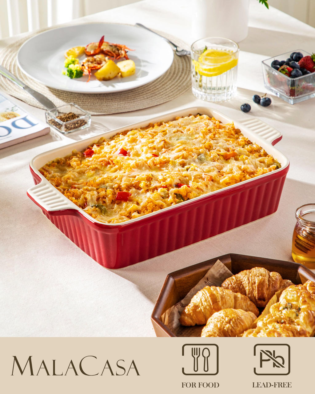 MALACASA 4.4 QT Baking Dish, 9x13 Large Casserole Dish for Oven, Ceramic Baking Pan, Rectangular Lasagna Pan Deep with Handles for Baking, Durable Microwave Oven Safe, Wedding Gift,White, Series BAKE-BAKE
