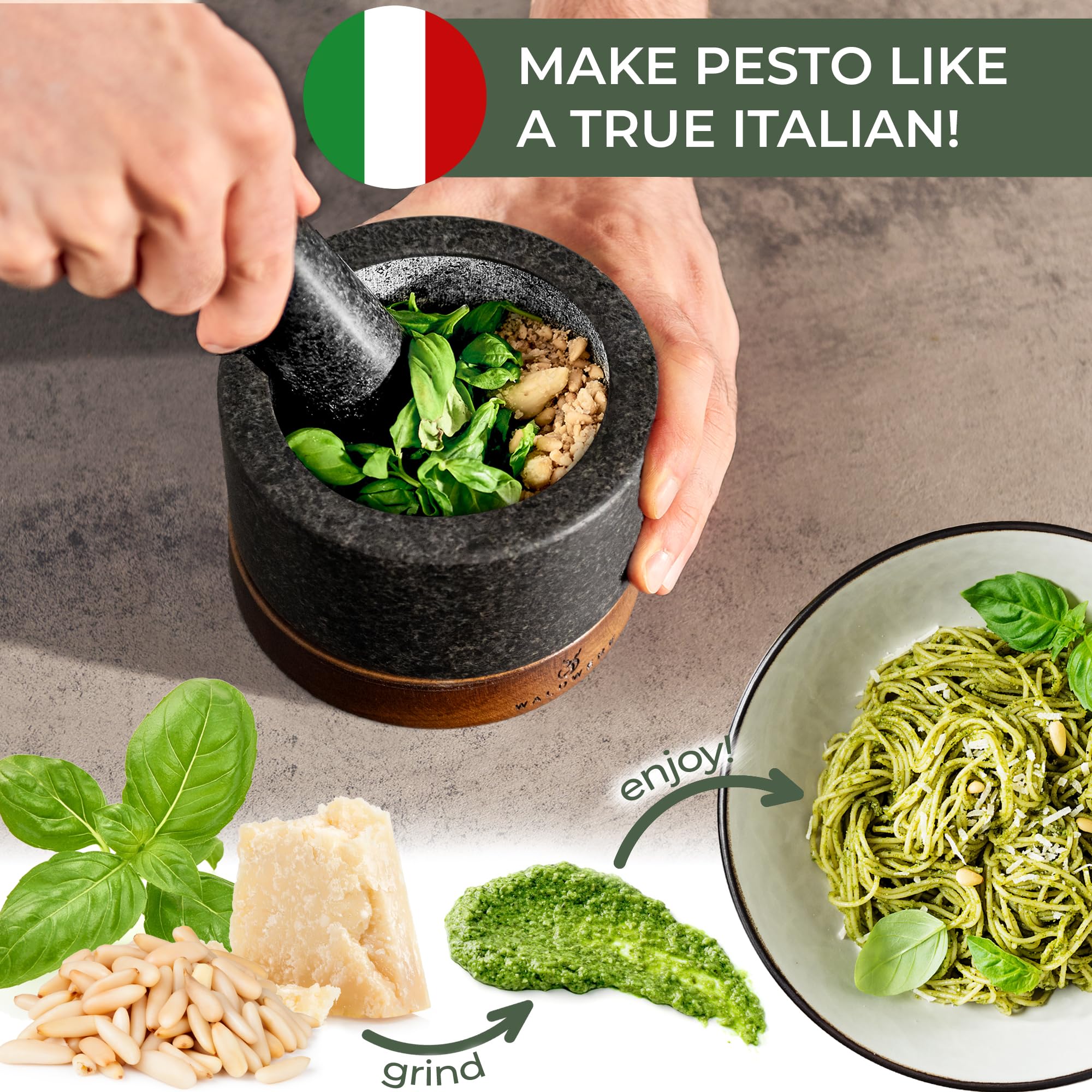 WALDWERK Mortar and Pestle - Mortar and Pestle Set with Anti-Scratch Oak Wood Base - Mortar with Extra Large Pestle Made of Natural Granite - Large Mortar and Pestle - Ideal for Guacamole