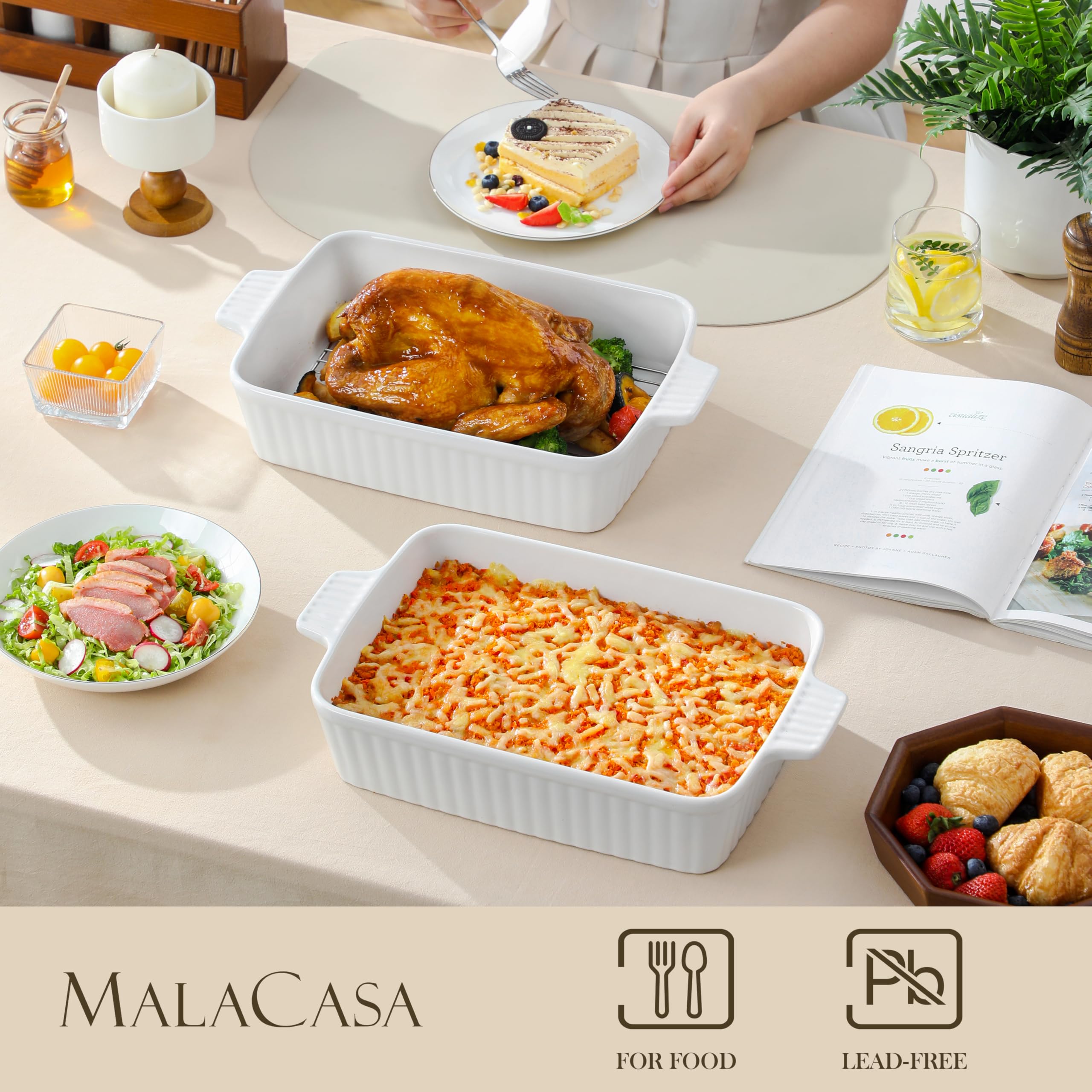 MALACASA 4.4 QT Baking Dish, 9x13 Large Casserole Dish for Oven, Ceramic Baking Pan, Rectangular Lasagna Pan Deep with Handles for Baking, Durable Microwave Oven Safe, Wedding Gift,White, Series BAKE-BAKE