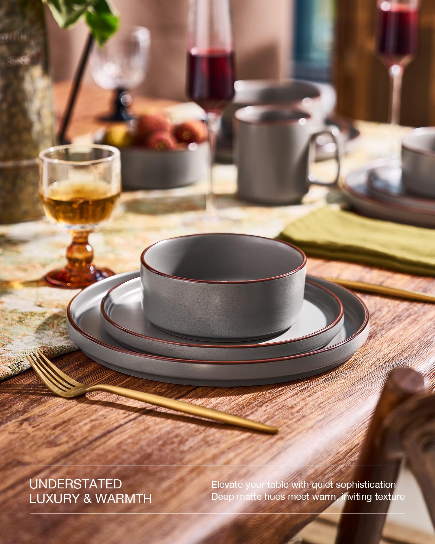 Famiware Nebula Ridge Stoneware Dinnerware Sets, Plates and Bowls Sets for 4, 12 Pieces Dishes Set, Microwave and Dishwasher Safe Kitchen Plates, Light Gray