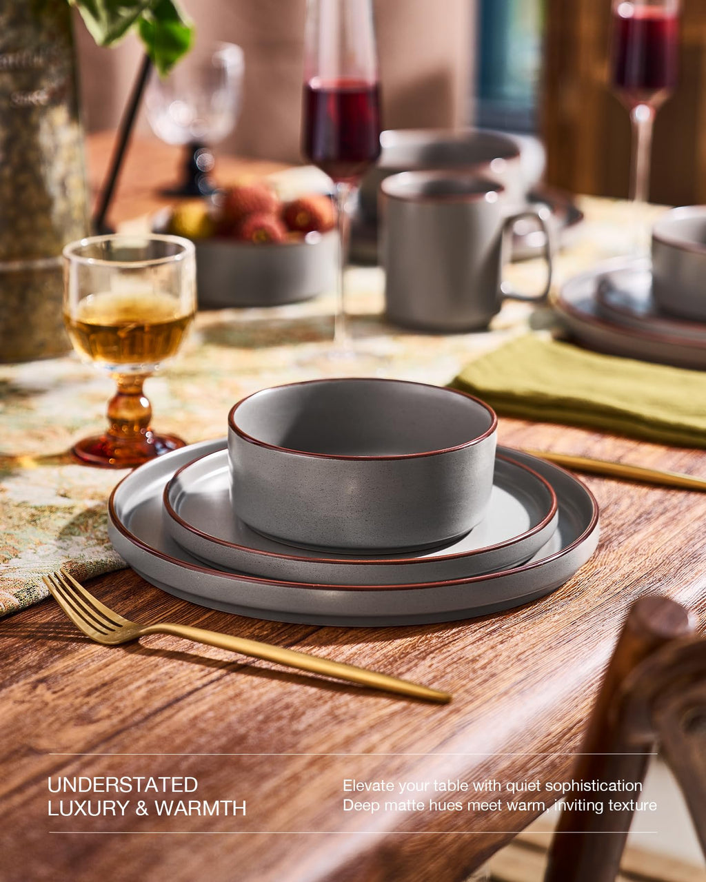 Famiware Nebula Ridge Stoneware Dinnerware Sets, Plates and Bowls Sets for 4, 12 Pieces Dishes Set, Microwave and Dishwasher Safe Kitchen Plates, Light Gray