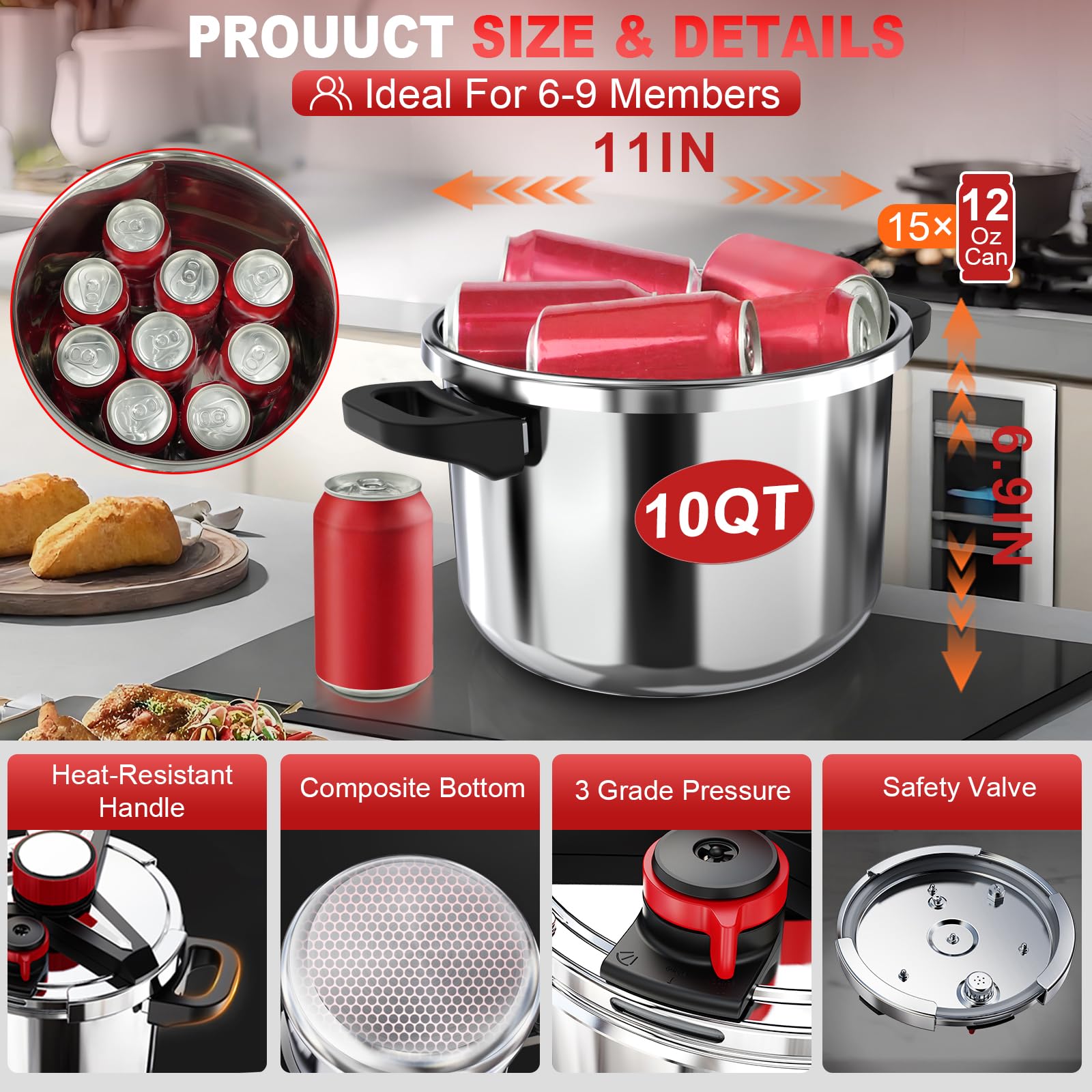 18/8 Stainless Steel Pressure Cooker 6 Quart, [One-Hand Locking] Olla de Presion, [3-In-1] Pressure Cooker, Includes Glass Lid & Steamer, Induction Compatible, Gas Stovetop Compatible