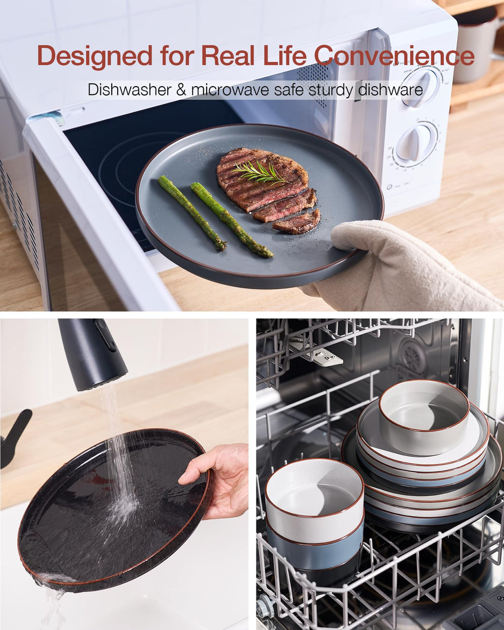 Famiware Nebula Ridge Stoneware Dinnerware Sets, Plates and Bowls Sets for 4, 12 Pieces Dishes Set, Microwave and Dishwasher Safe Kitchen Plates, Light Gray