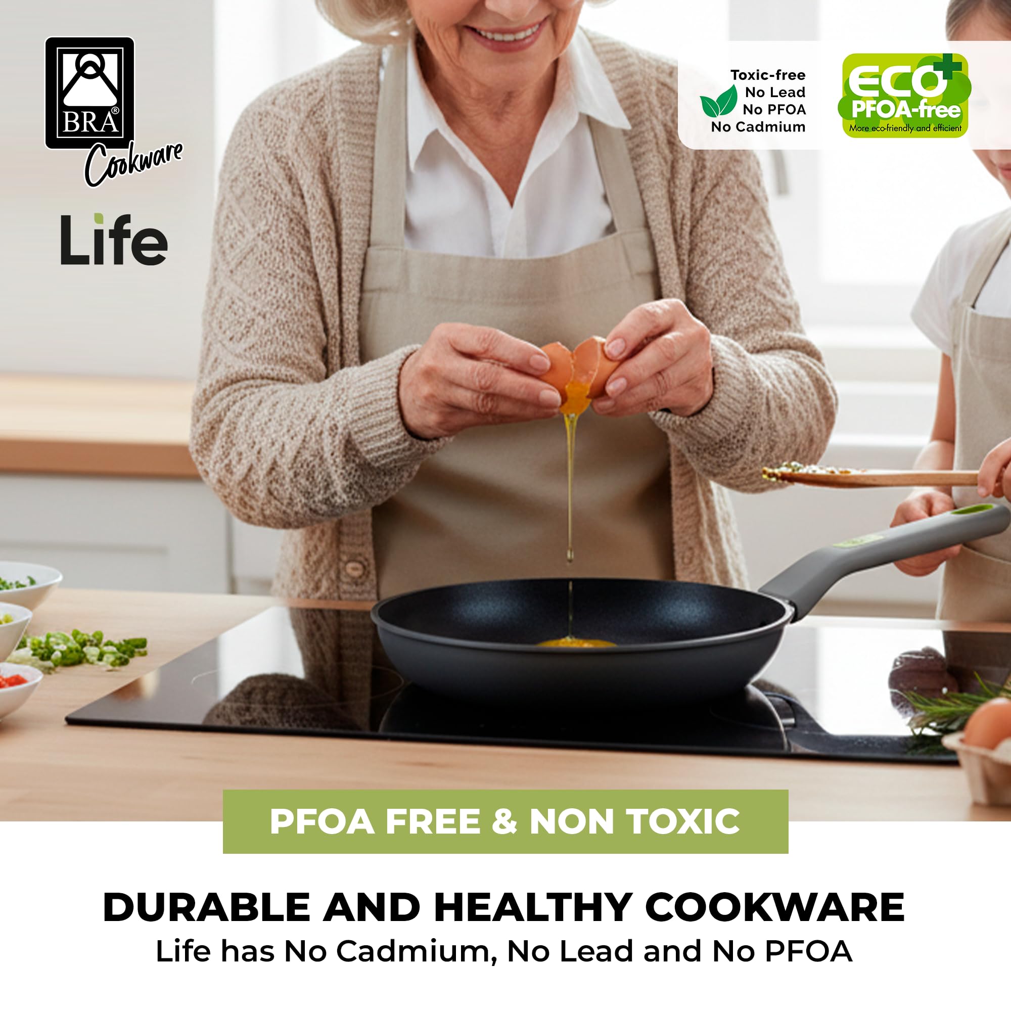 BRA COOKWARE Life Ceramic Nonstick Sauté Pan w/Glass Lid | 12.6 Inch 4.79 Quart Recycled Aluminum Deep Pan | Dual-Handle Braiser | Ceramic Non-Stick Coating | PFOA Free | All Cooktops & Oven Safe