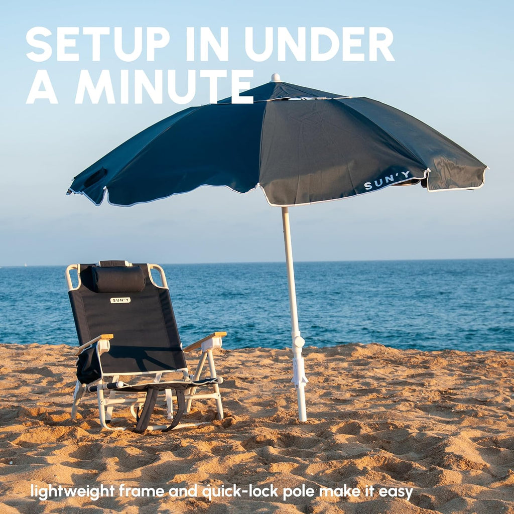 SUN'Y ESCAPES Beach Umbrella 6.5ft - Wind Resistant with Sand Anchor & Tilt, UPF 50+ Recycled Ocean Bound Fabric Canopy - Portable with Carry Bag