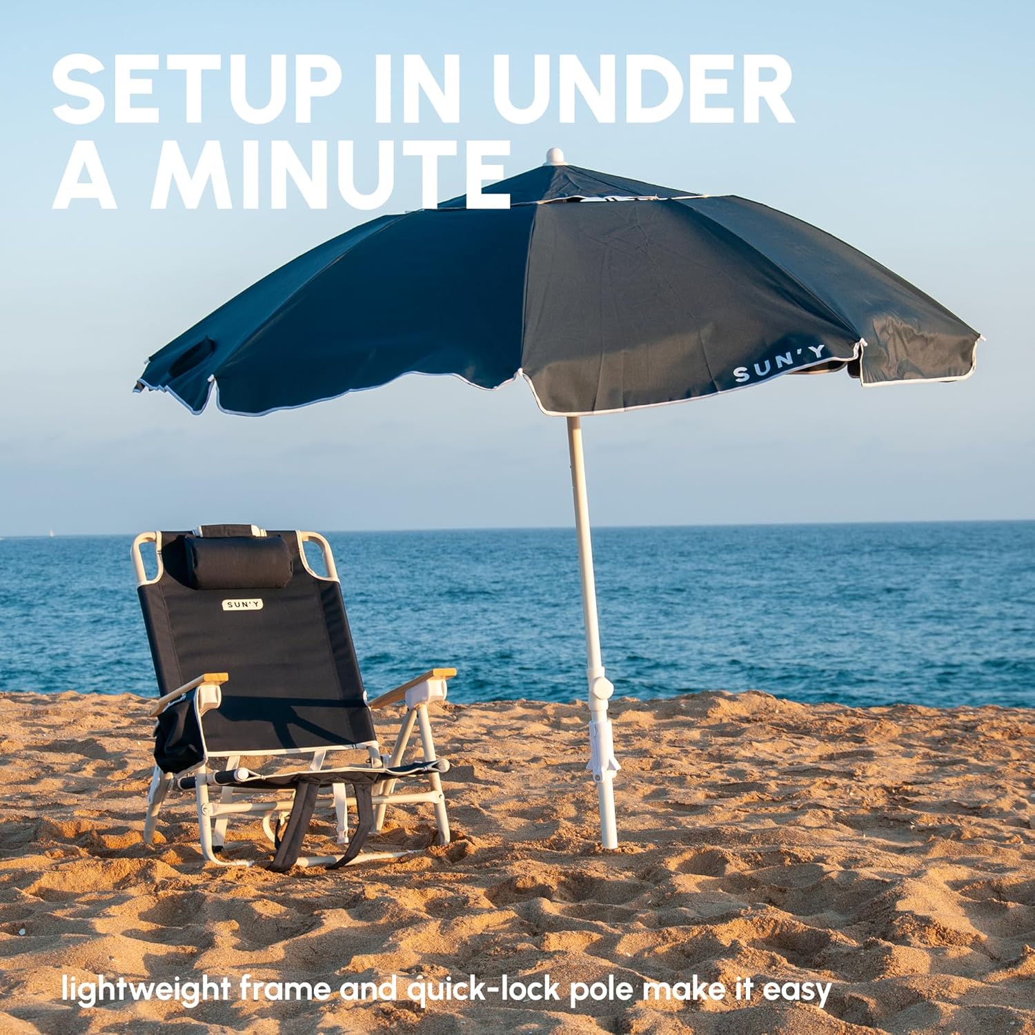 SUN'Y ESCAPES Beach Umbrella 6.5ft - Wind Resistant with Sand Anchor & Tilt, UPF 50+ Recycled Ocean Bound Fabric Canopy - Portable with Carry Bag