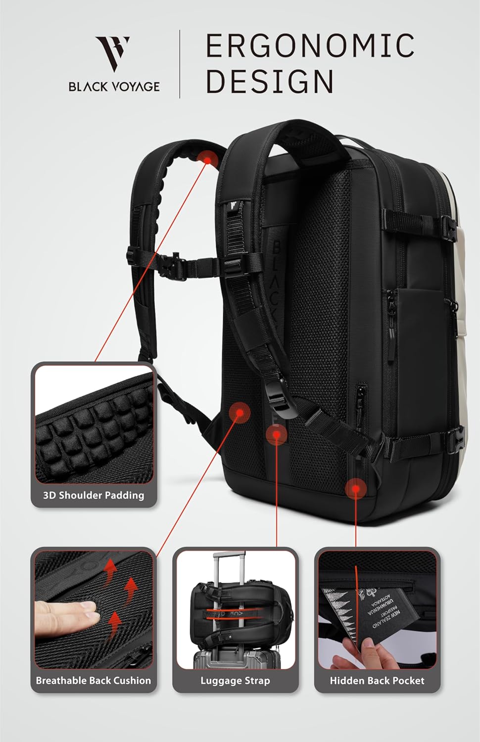 BlackVoyage Vortex Vacuum Seal Travel Backpack 60L Expandable Air Compression System Water Resistant TSA Lock Carry-On Suitcase Luggage White AERO - Vacuum Pump Included