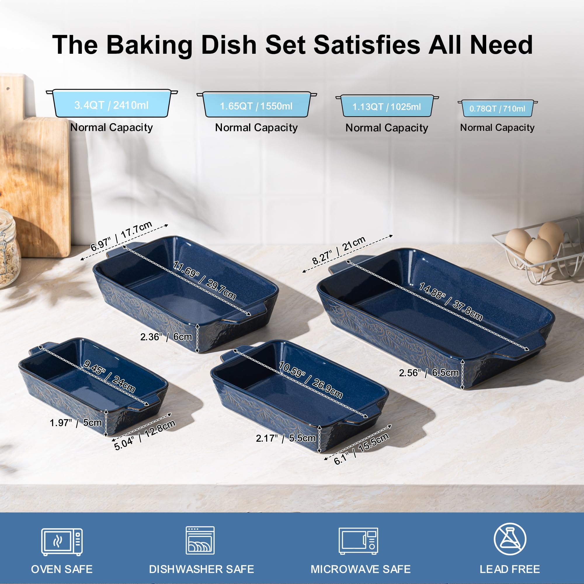 Casserole Dishes for Oven, Baking Dishes, Ceramic Bakeware Sets of 4, Rectangular Baking Pan Set with Handles for Baking, Casserole, Kitchen, Wedding Gift,White