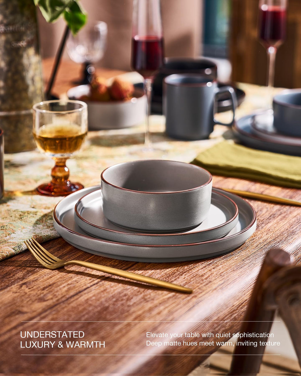 Famiware Nebula Ridge Stoneware Dinnerware Sets, Plates and Bowls Sets for 4, 12 Pieces Dishes Set, Microwave and Dishwasher Safe Kitchen Plates, Light Gray
