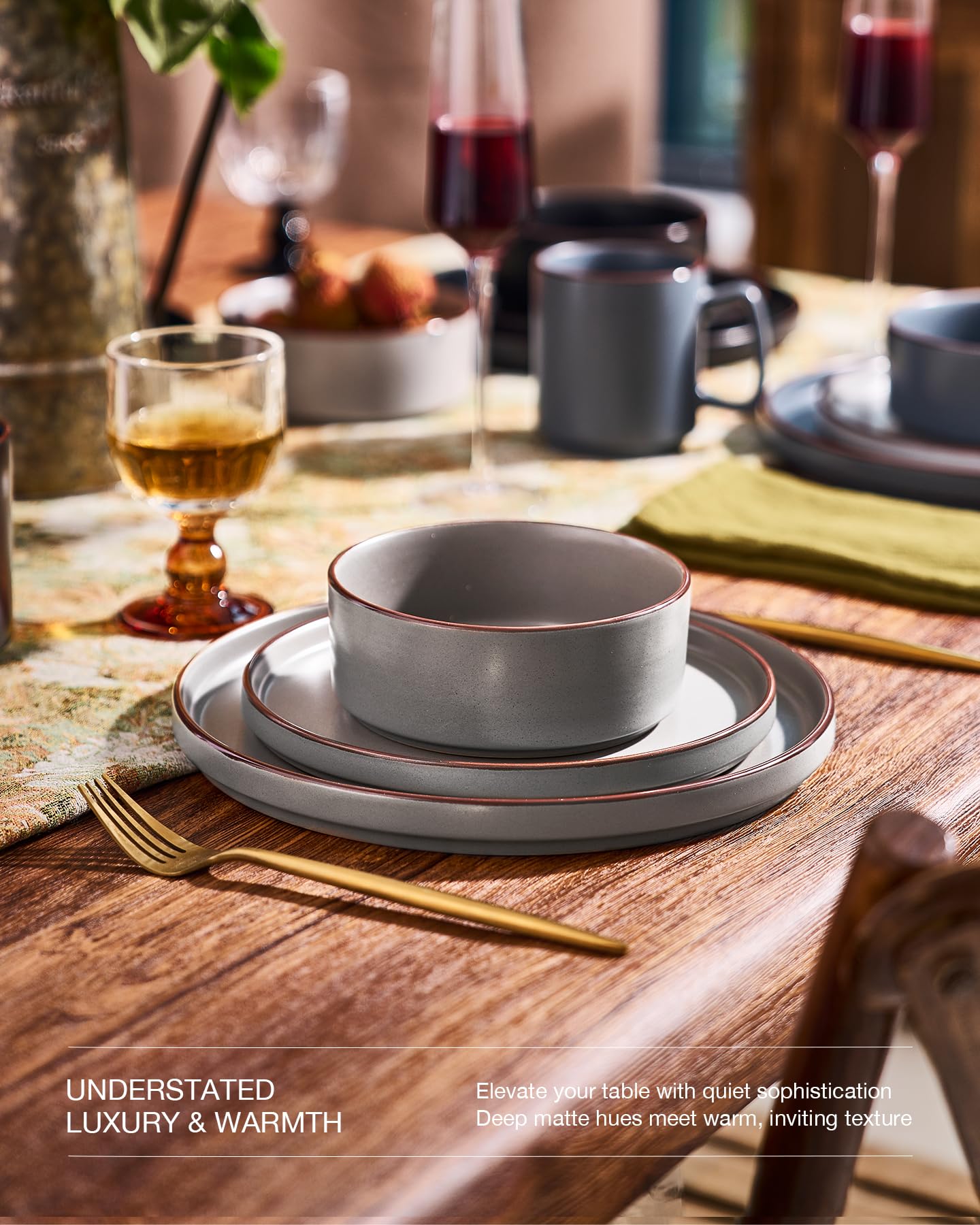 Famiware Nebula Ridge Stoneware Dinnerware Sets, Plates and Bowls Sets for 4, 12 Pieces Dishes Set, Microwave and Dishwasher Safe Kitchen Plates, Light Gray