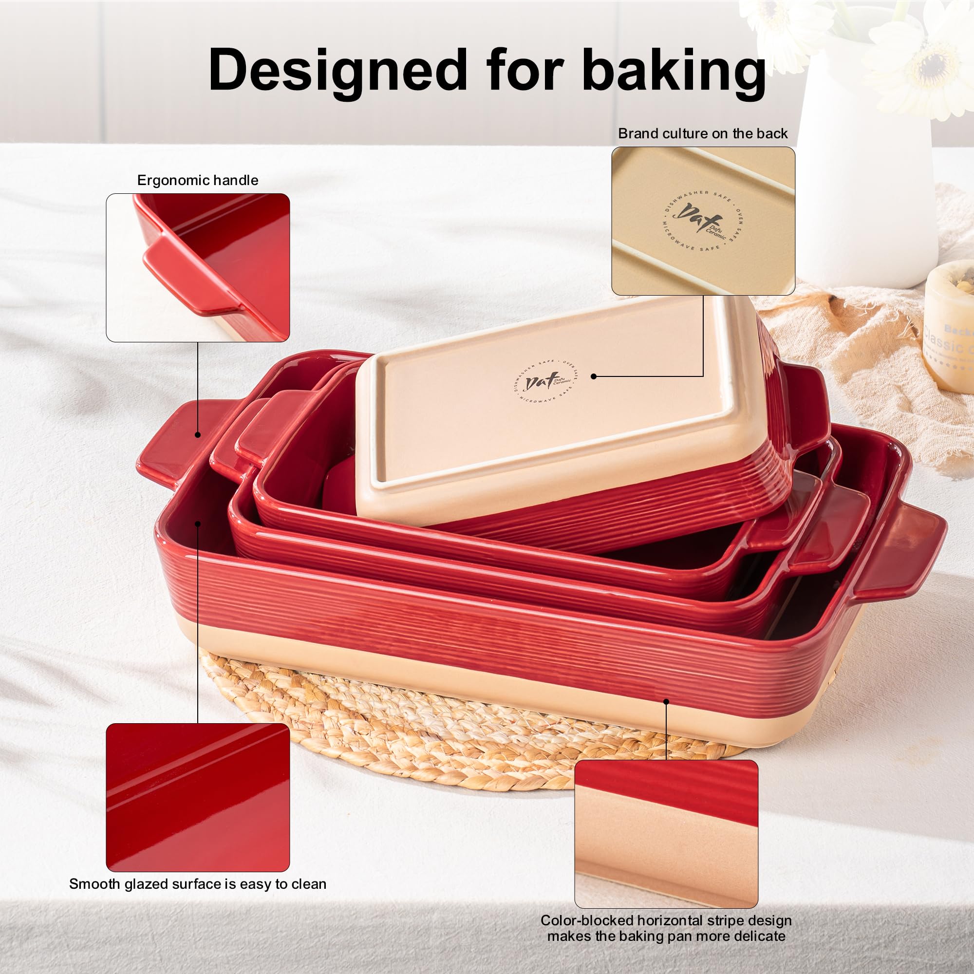 Casserole Dishes for Oven, Baking Dishes, Ceramic Bakeware Sets of 4, Rectangular Baking Pan Set with Handles for Baking, Casserole, Kitchen, Wedding Gift,White